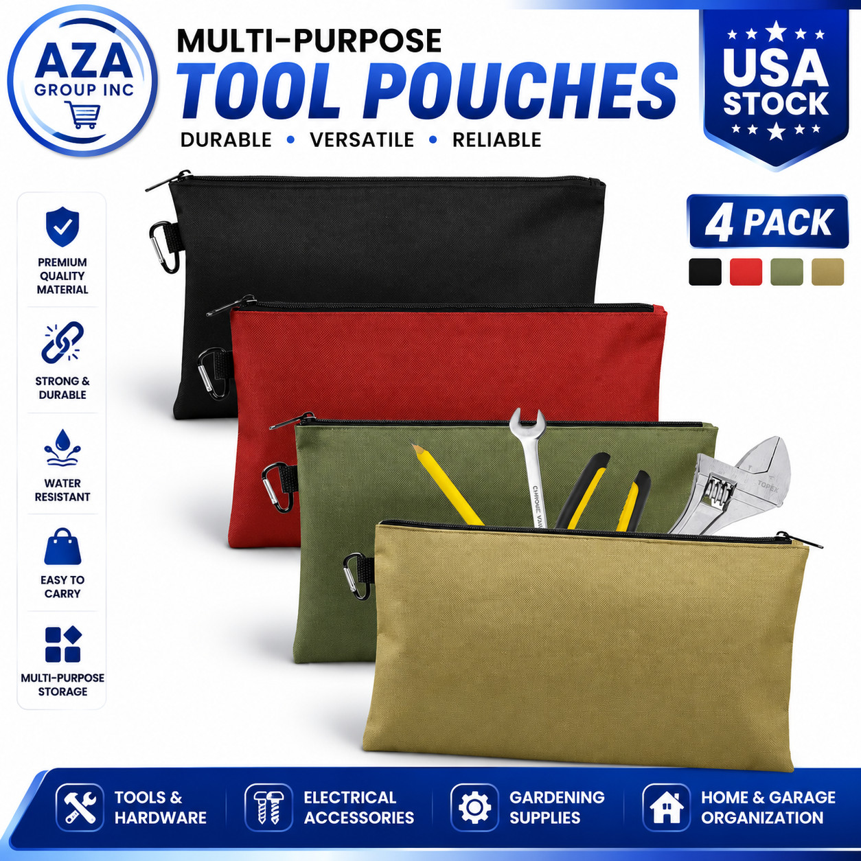 4 Pack Tool Bag, Premium Tool Pouch Zipper Bag, 12″ Tool Pouch with Zipper, Mult