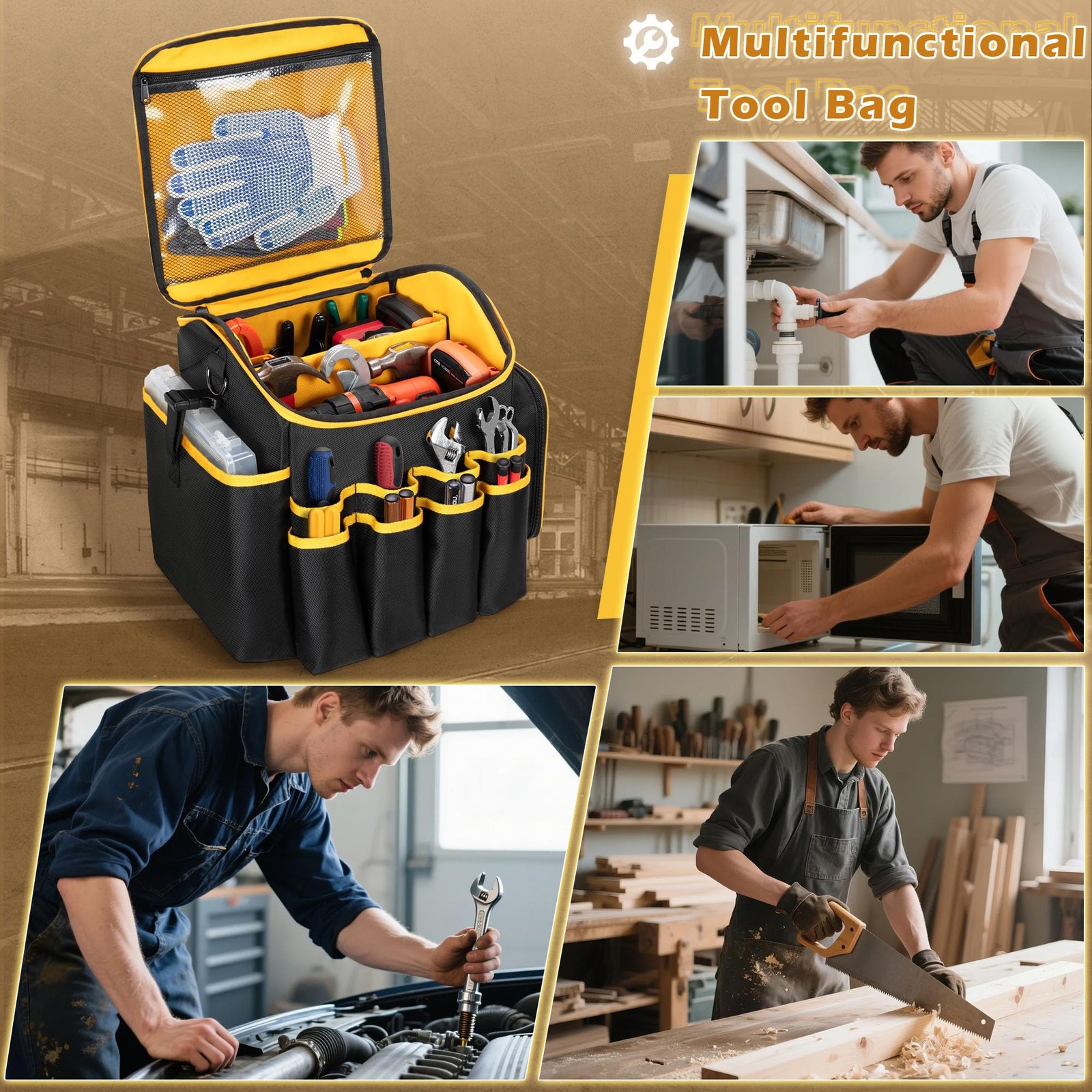Tool Bag Detachable Divider Shoulder Strap Heavy Duty Tote Multiple Pockets