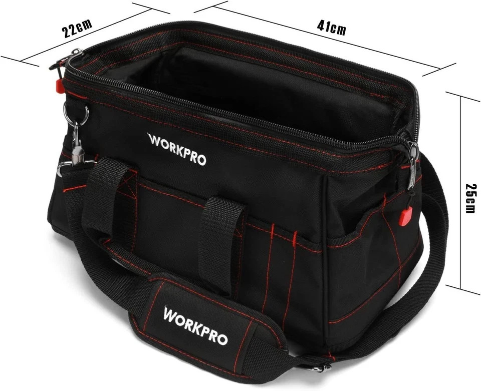 WORKPRO Wide Mouth Tool Bag Black Tool Storage Tote with Rubber Base