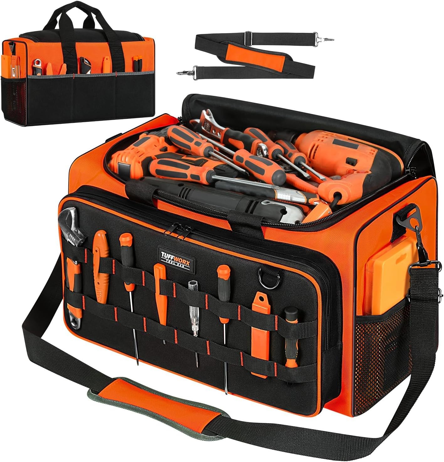 Durable Heavy Duty Tool Bag, 2 Pockets, 19.7″x11.8″x10.6″, Black & Orange