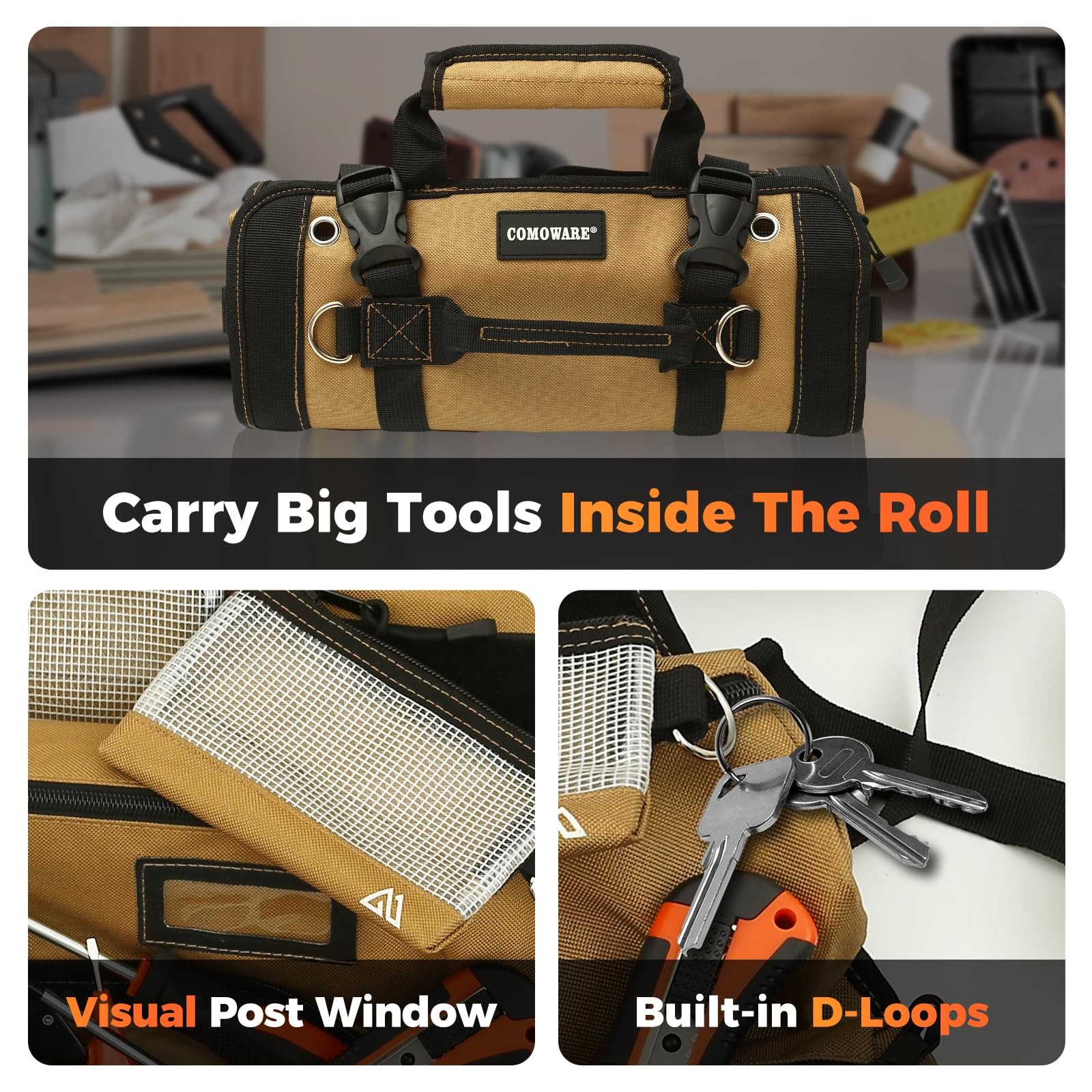 COMOWARE Roll Up Tool Bag, 600D Oxford PVC Coated Tool Organizer with 11 Pouc…