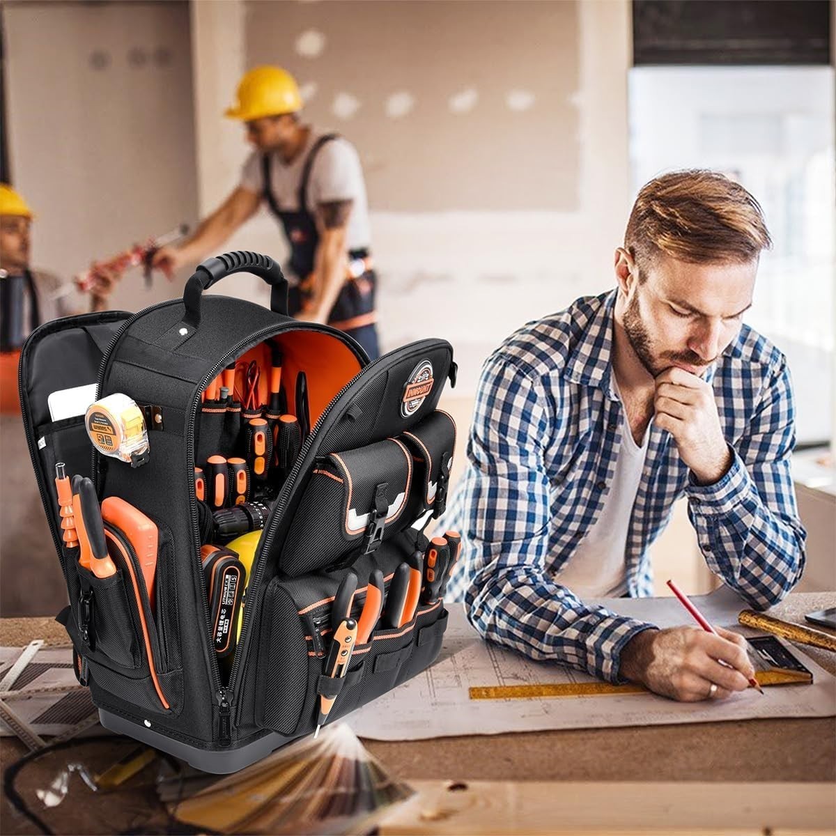 Tool Backpack Heavy Duty, Backpack Tool Bag organizer with 89 Pockets (Black)