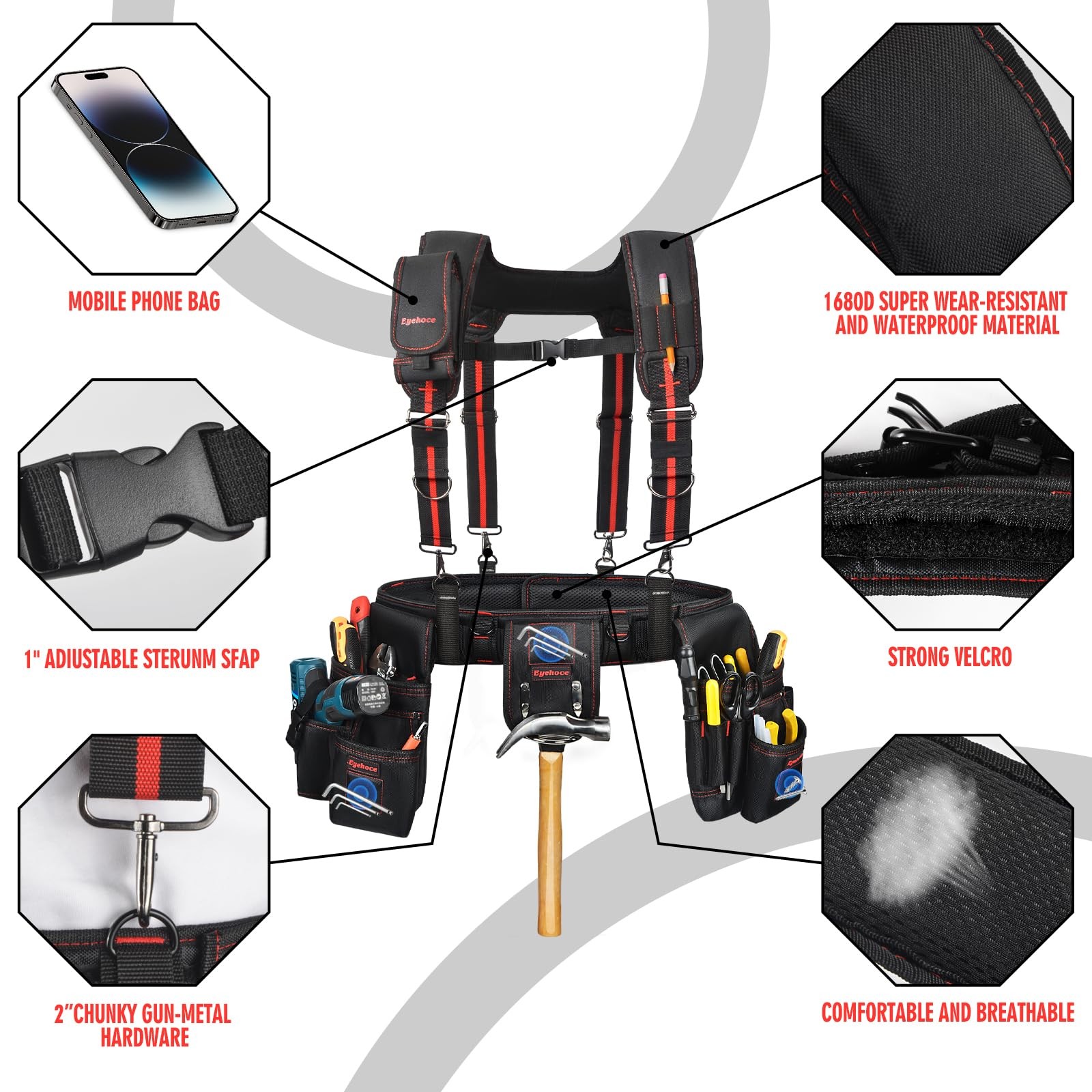 Heavy Duty Tool Belt with Padded Suspenders – Adjustable Multi-Pouch Rig