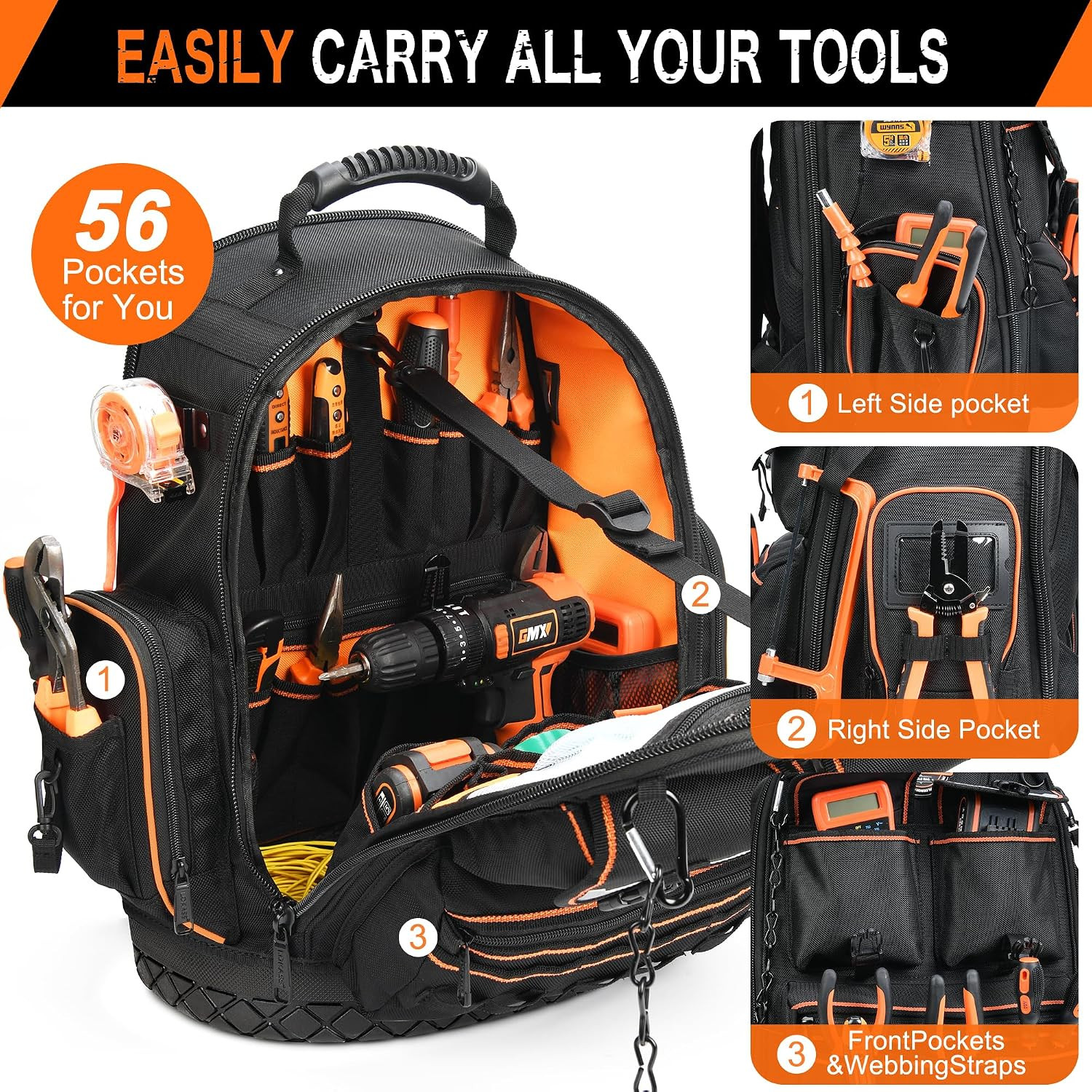 Tool Backpack Heavy Duty with Molded Bottom, 1680D 56-Pocket Tool Bag Organizer