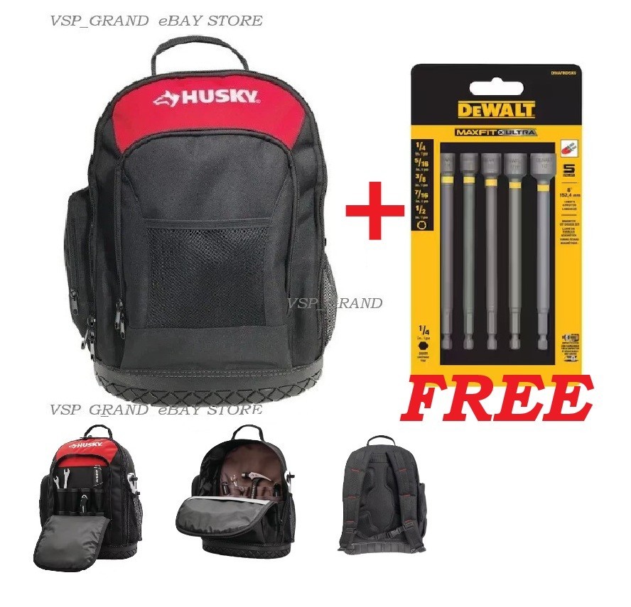 HUSKY 16” PRO TOOL BACKPACK WATERPROOF RUBBER BOTTOM 21 POCKETS +FREE DEWALT SET