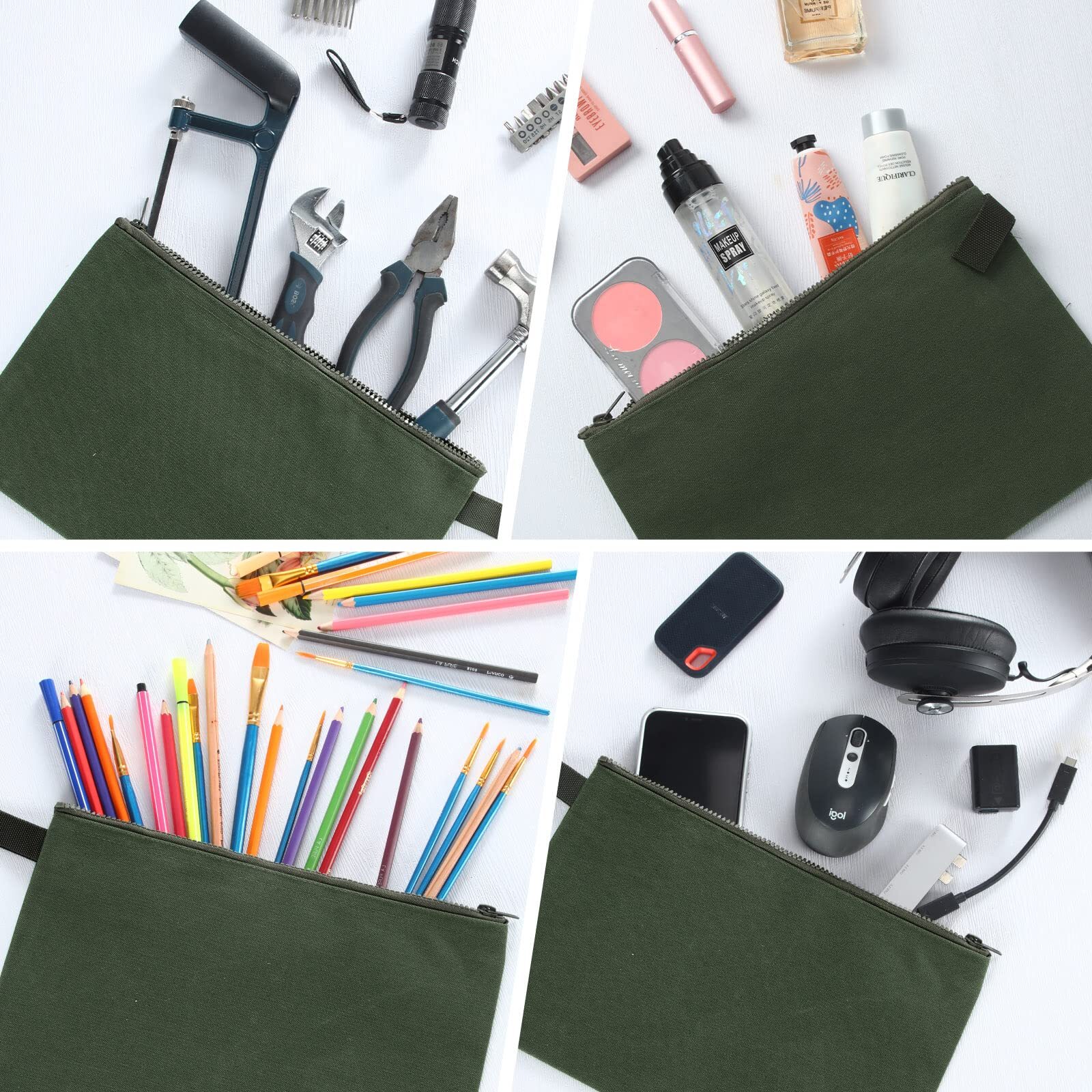 12 Pcs Canvas Tool Bag Pouch 16 oz Heavy Duty Tool Zipper Pouch Bag 11.81 x 7