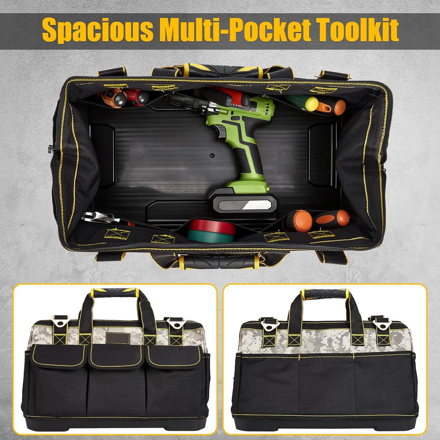 Heavy Duty 20 Inch Tool Tote Waterproof Wide Mouth Molded Base Shoulder Strap