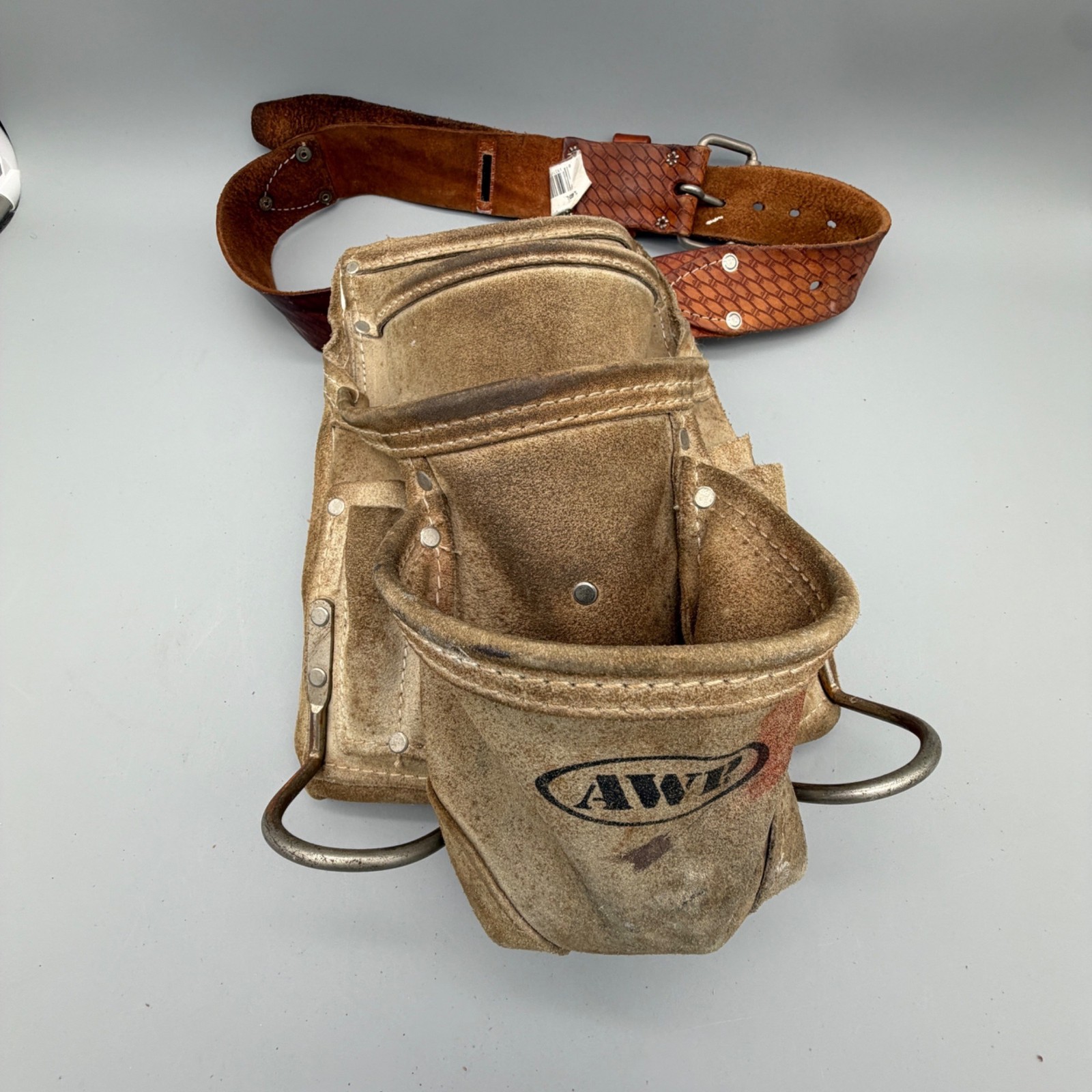 Vintage AWP Heavy-Duty Suede Tool Pouch Adjustable Leather Belt Carpenter Bag