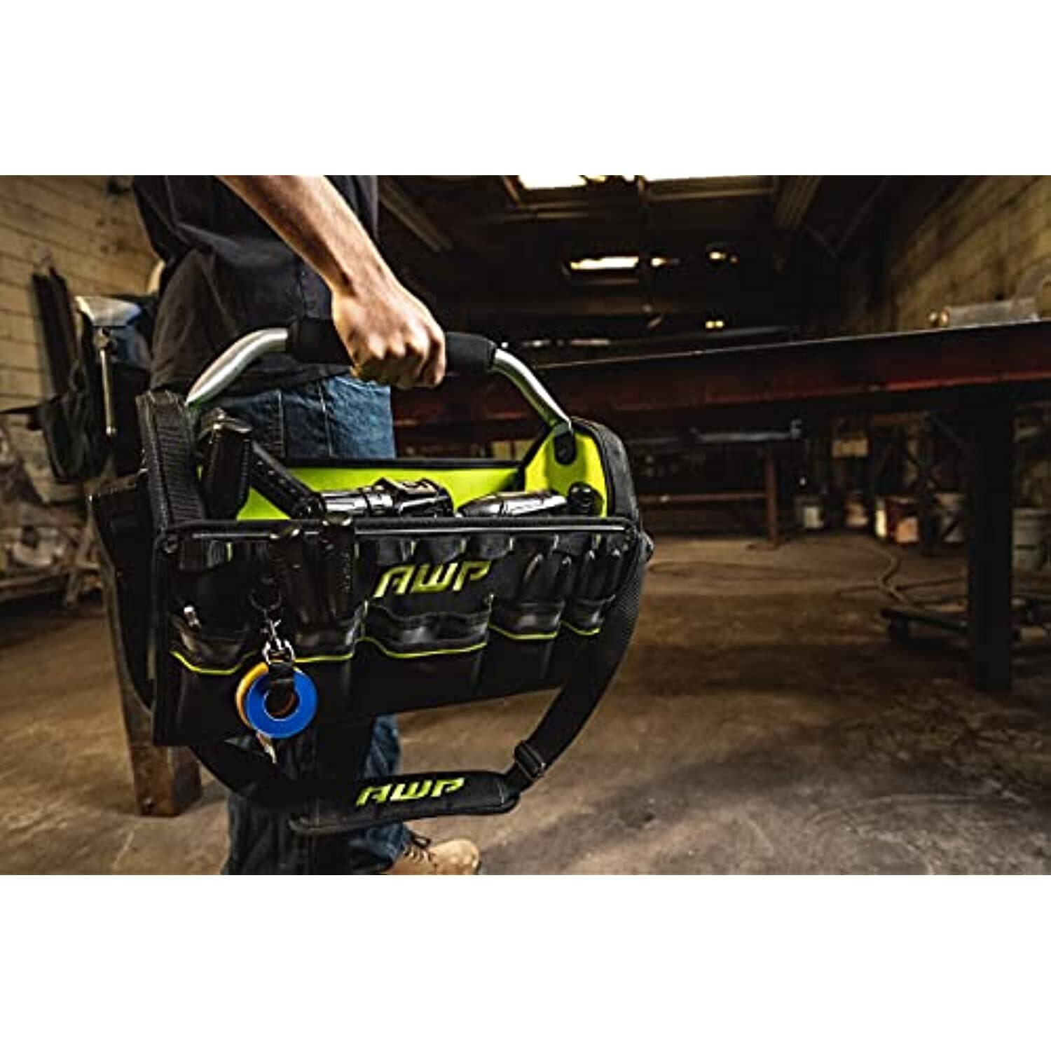 AWP 18″ Pro Tool Tote | Water Resistant Tool Bag with Rotating Handle, Removable