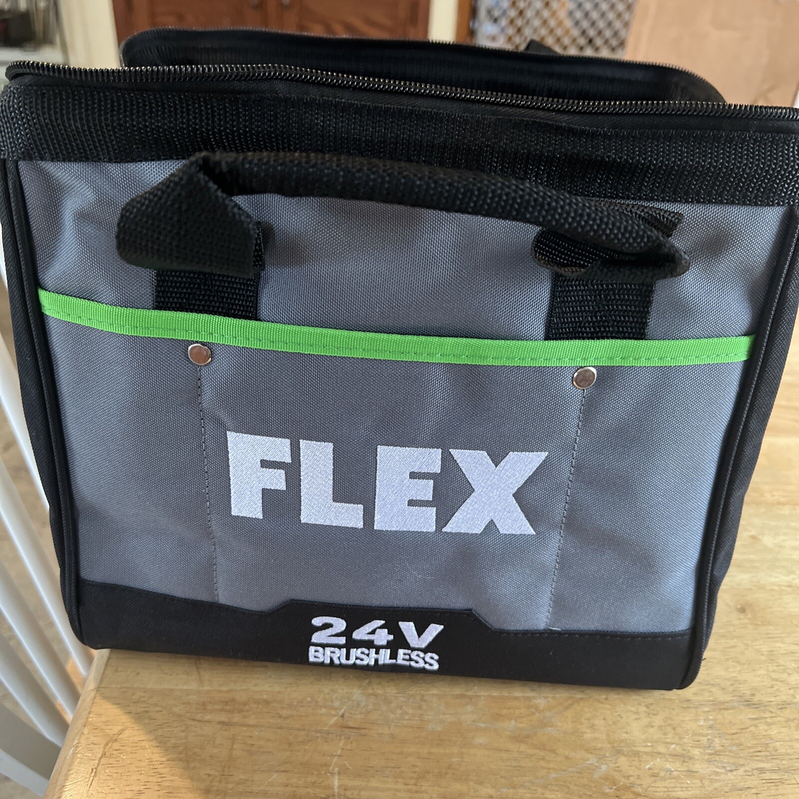 FLEX 24v Zippered Tool Bag Black Grey Green Stripe 12x9x9 NEW 6 slip pockets NEW