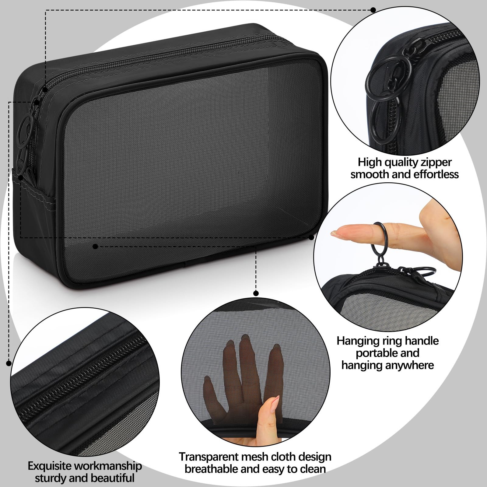 Weewooday 4 Pcs Mesh Pouch Large, Black Zipper Bag