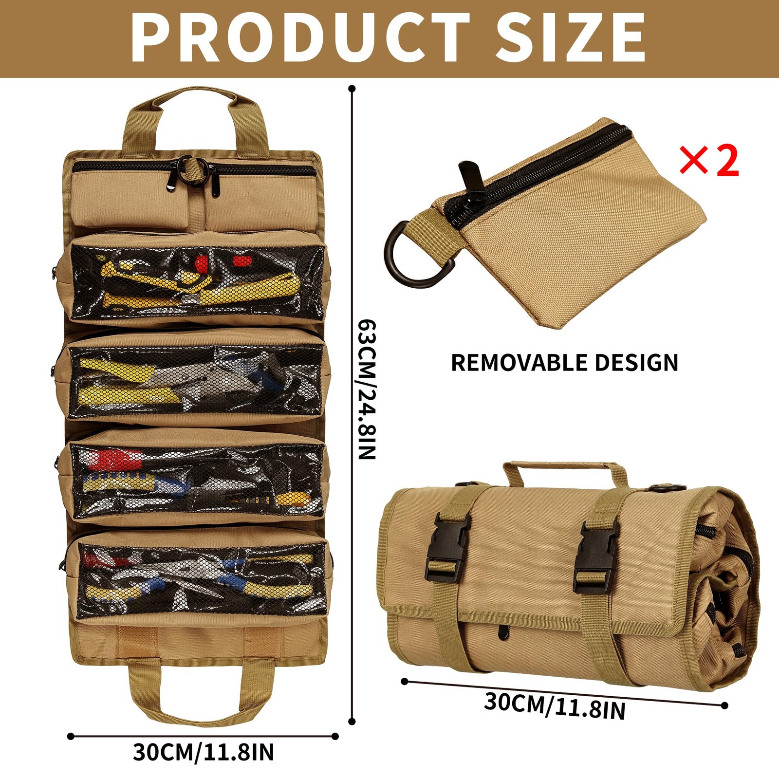 Tool Bag Roll Up Carrying Heavy Duty Organizer Foldable Empty 2 Pouches Khaki