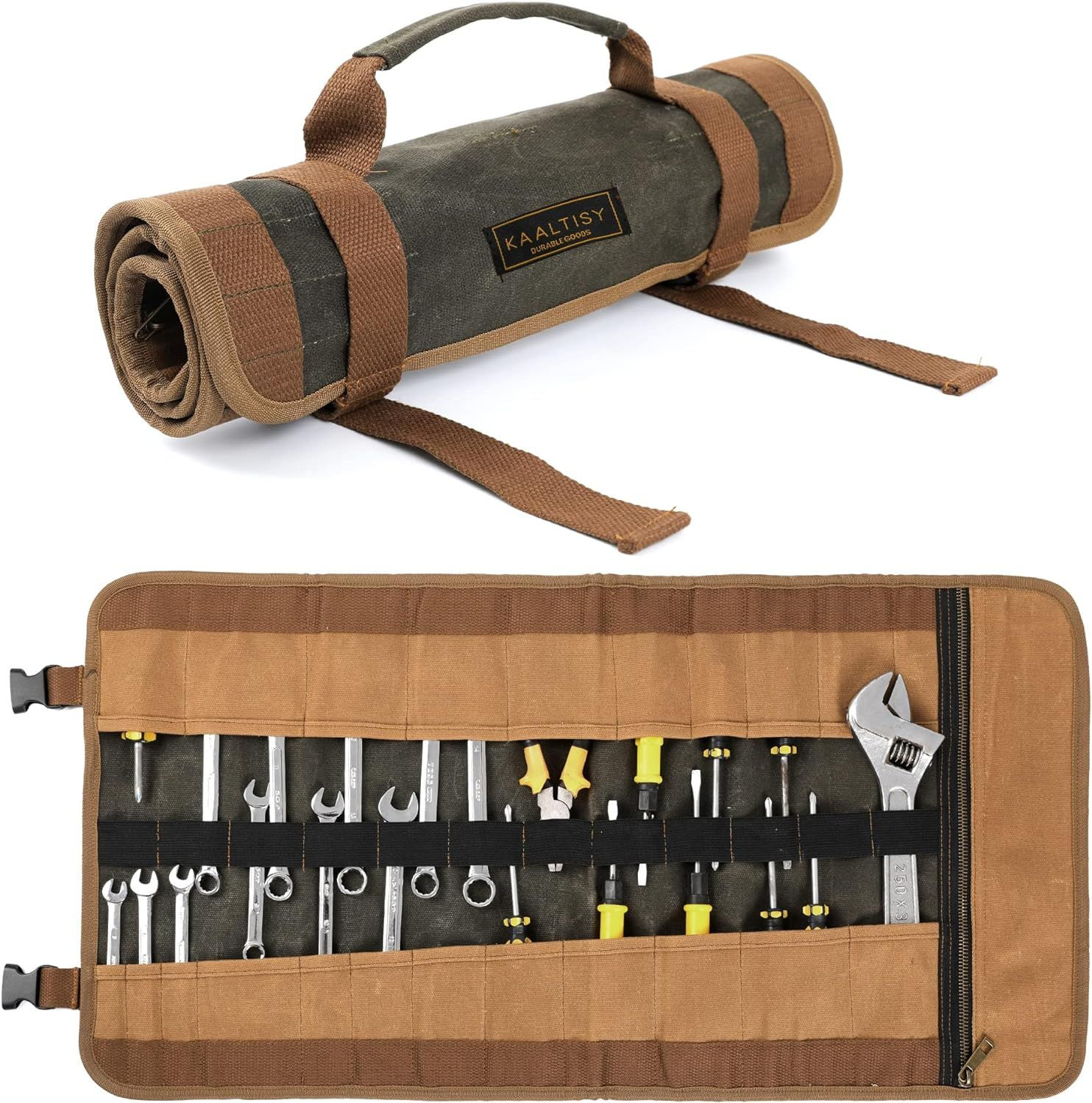 Canvas Tool Roll, 23 Pockets Case, Heavy Duty 16oz Army Green & Khaki