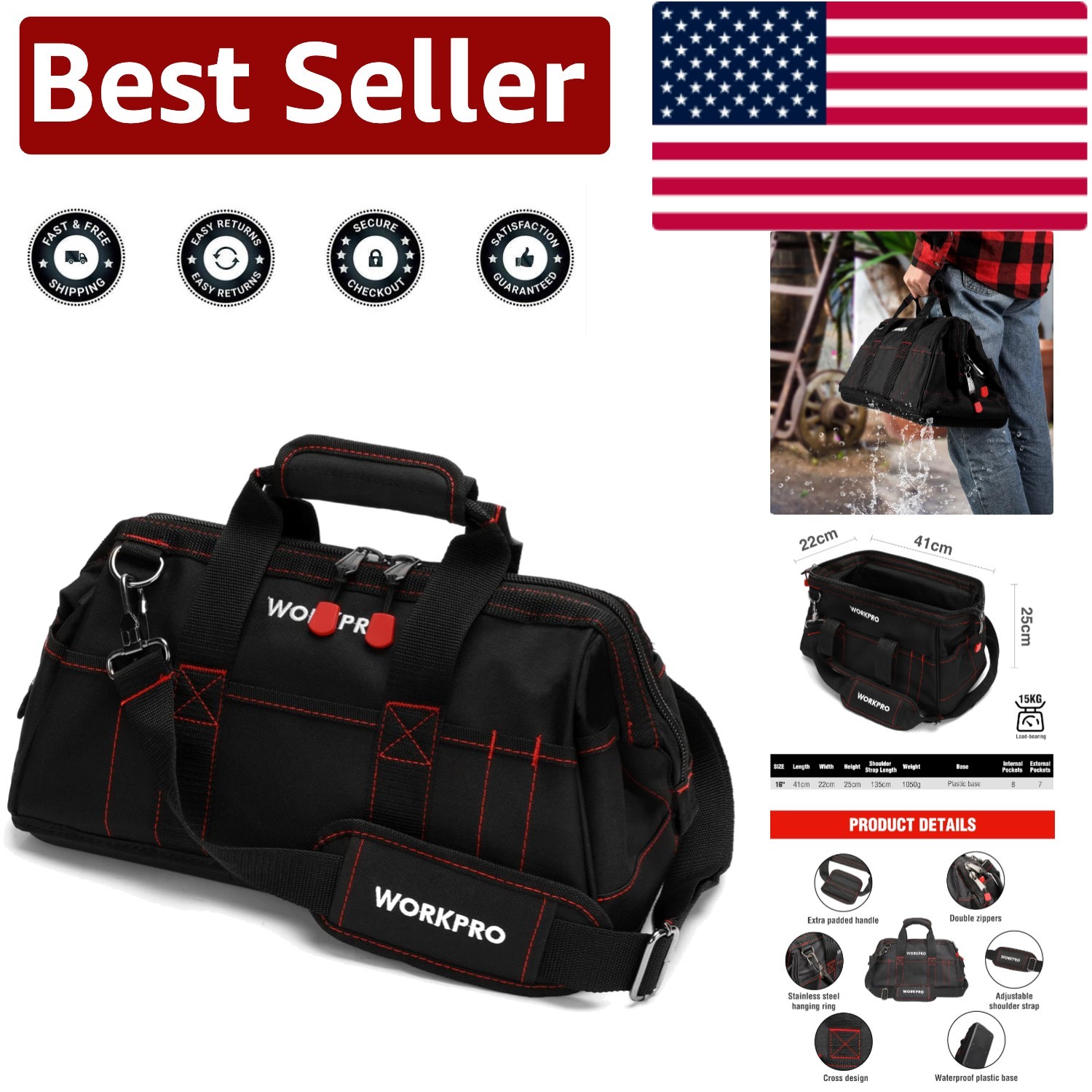 16-Inch Wide Mouth Tool Bag with Padded Handle & Waterproof Base for Easy Carry