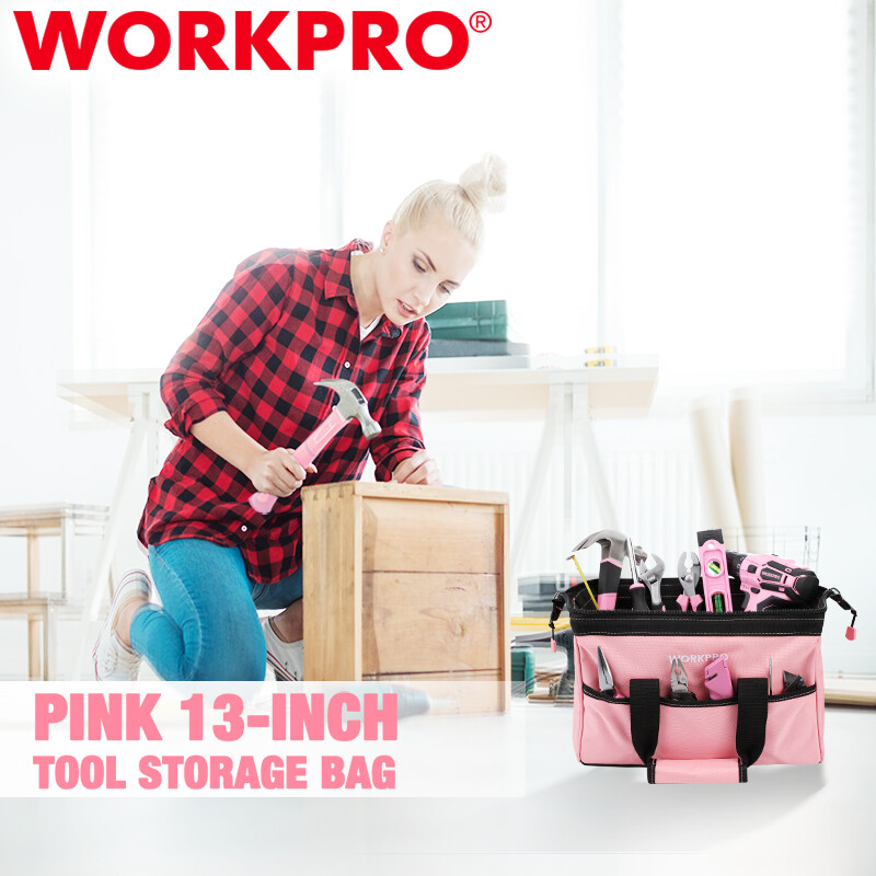 WORKPRO 13-in Tool Bag Pink Soft Cloth Tool Storage Bag Wide Mouth Tool Tote Bag