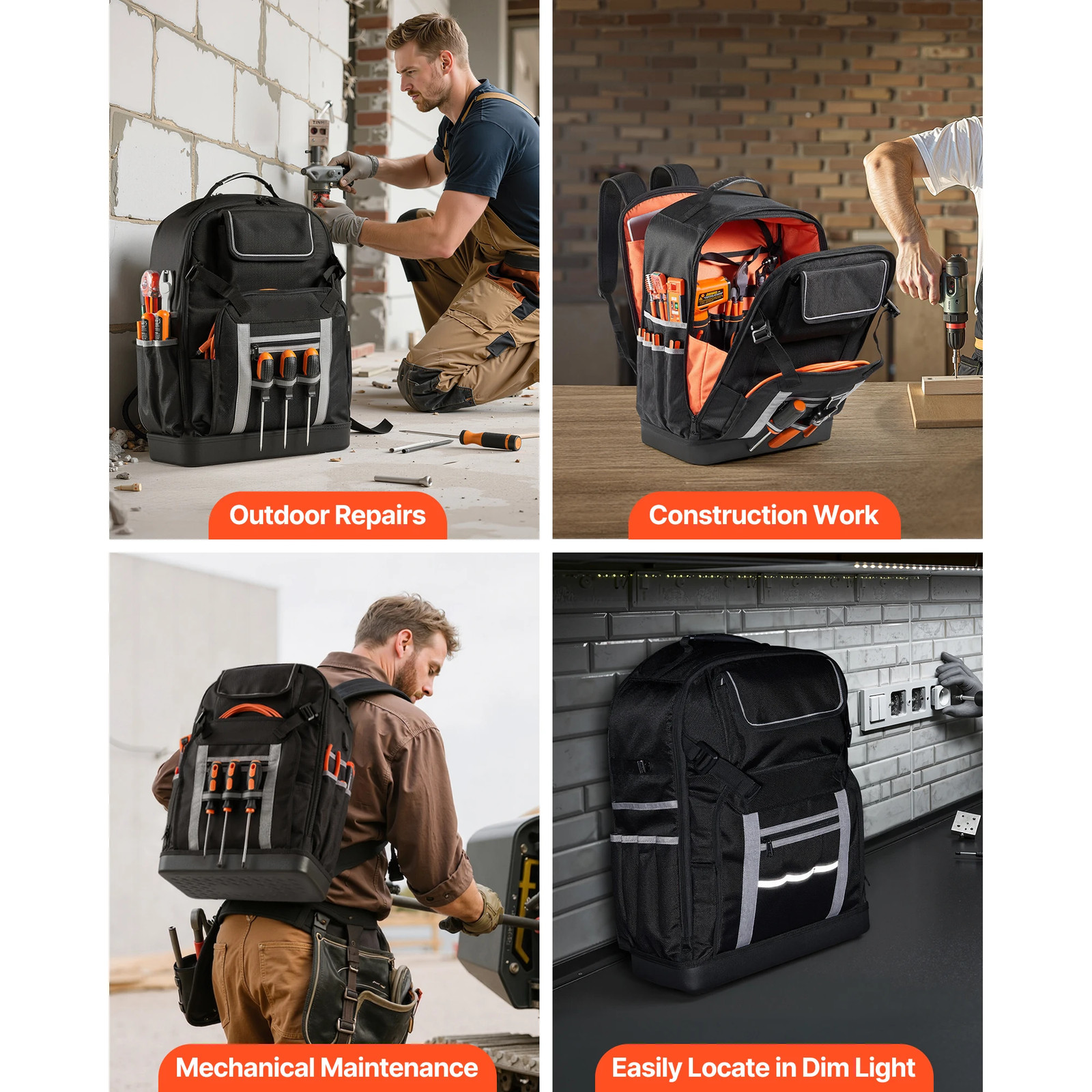 Heavy Duty Electrician Jobsite Backpack 1680D Ballistic Nylon Hard Base