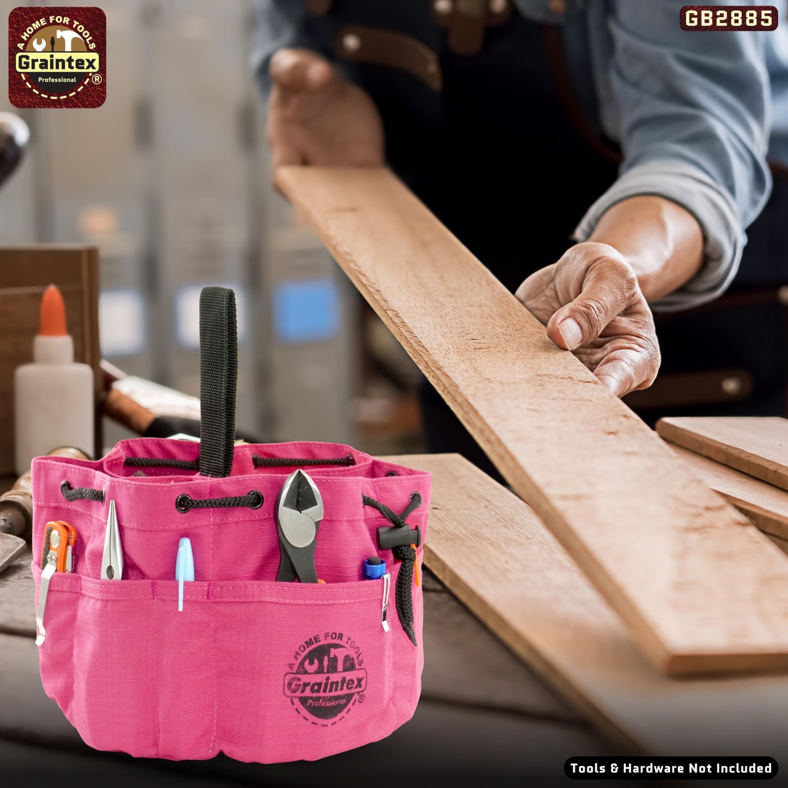 Pink Tool Grab Bag Durable Canvas Organizer with Drawstring Closure and Pockets