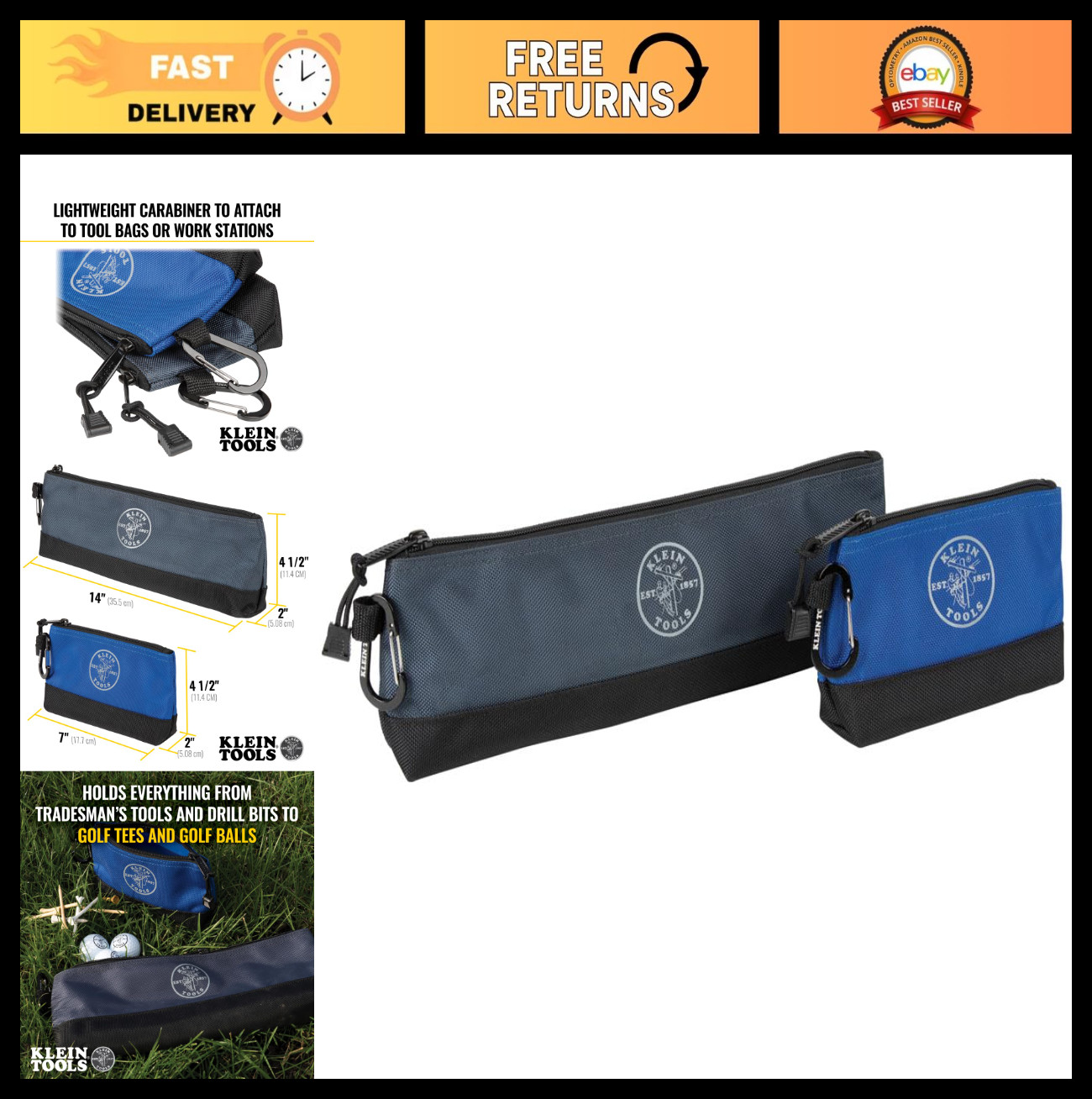 2-Pack Stand-Up Zipper Tool Pouch with Carabiners – 7-Inch Blue & 14-Inch Gray U
