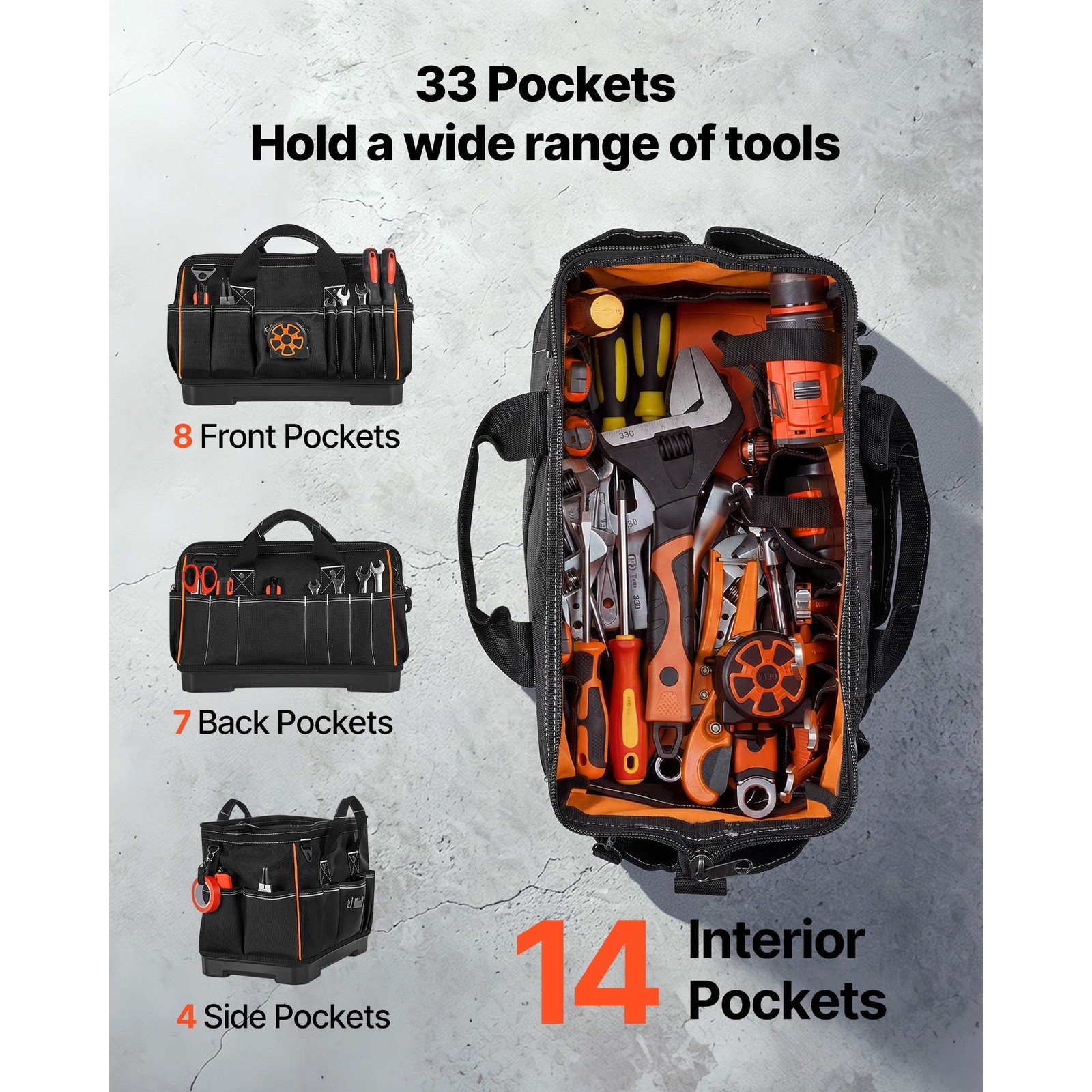 16in Heavy Duty Tool Bag 33 Pockets 50lb Capacity Waterproof Base