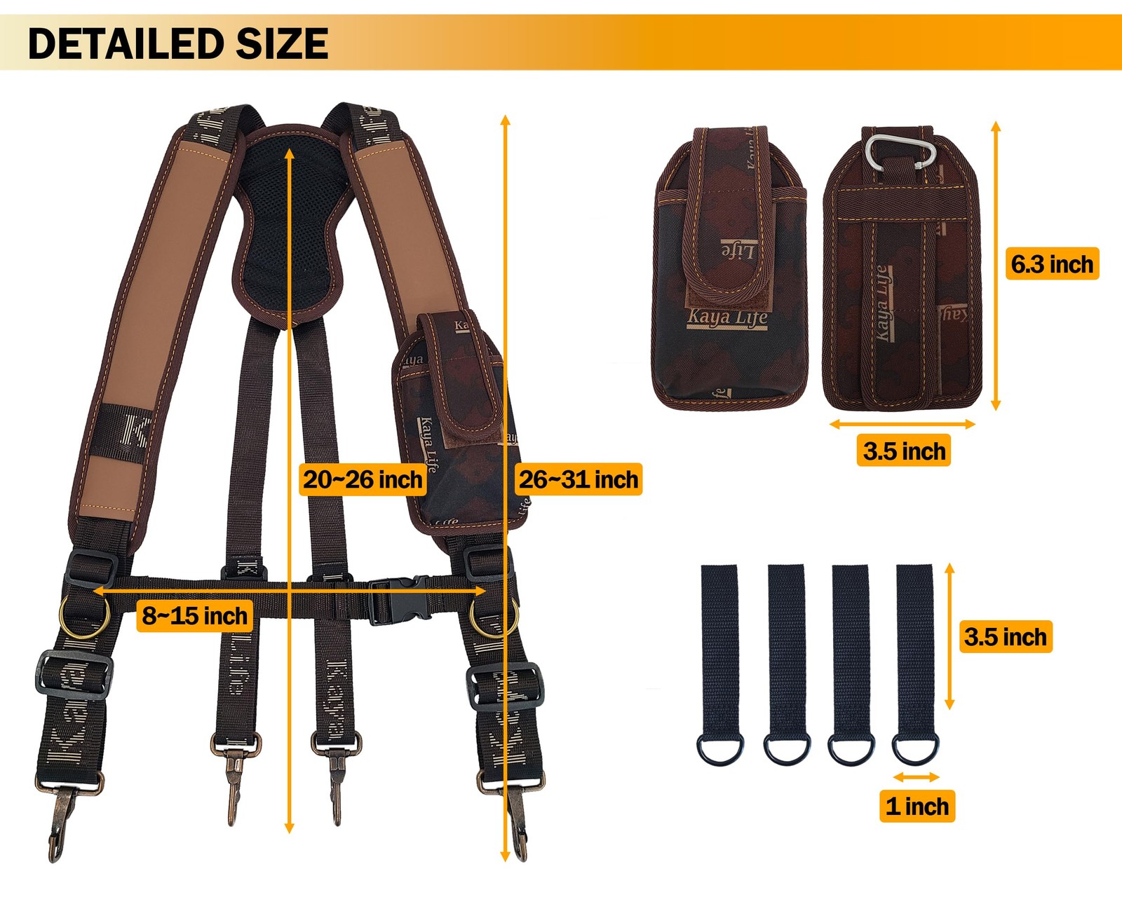 HW GLOBAL Tool Belt Suspenders for Men with Phone Pouch and Free, Brown