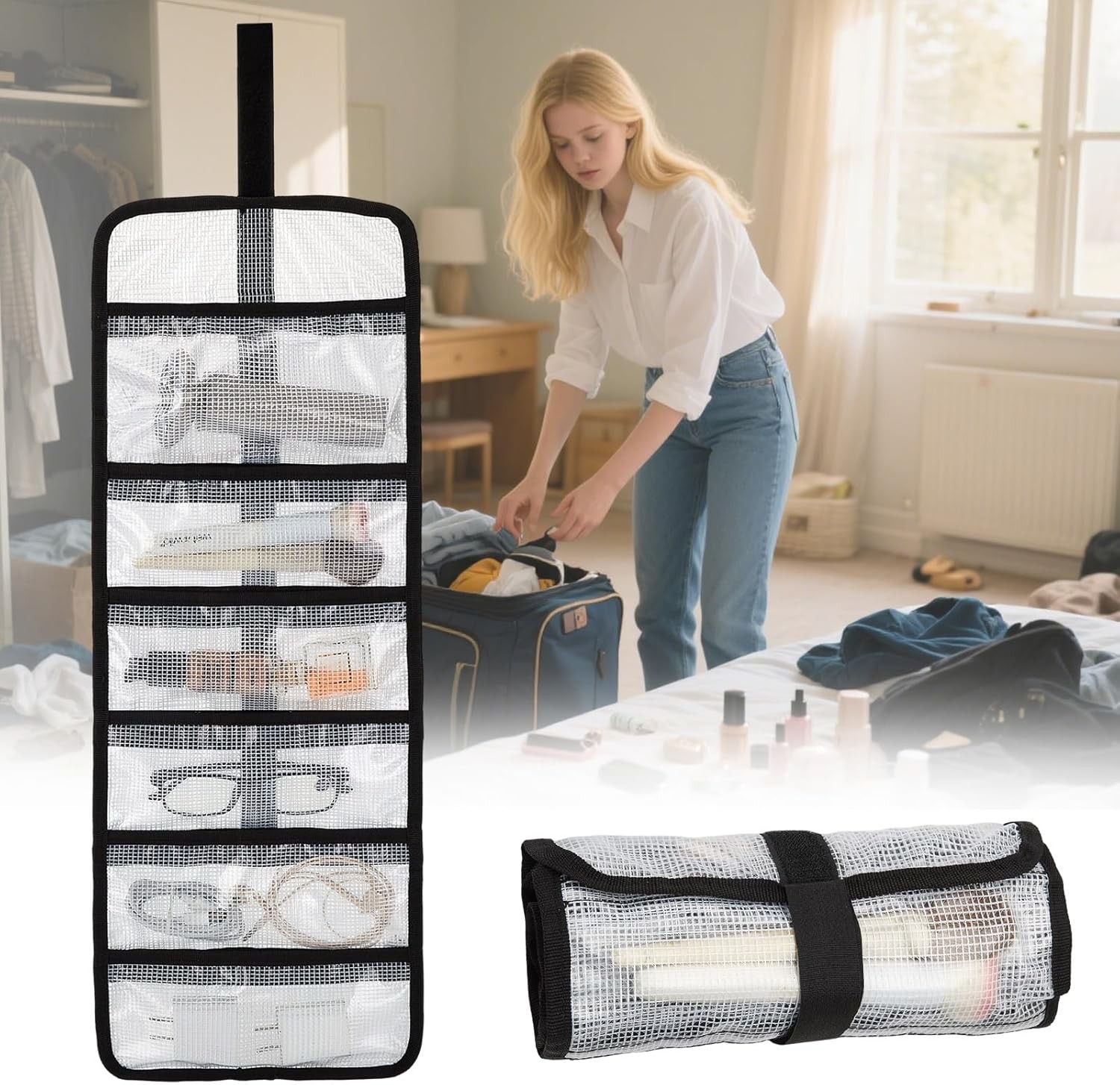 Small Roll Up Tool Storage Bag 6 Pocket Organizer Transparent Travel