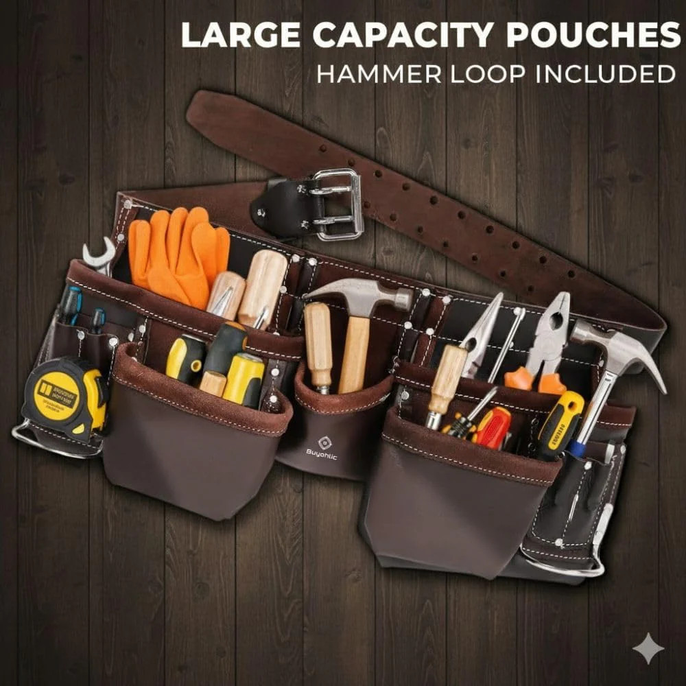 Leather Tool Belt Pouch Bag, 12-Pocket Extra Large Carpenter Tool Belt-USA STOCK