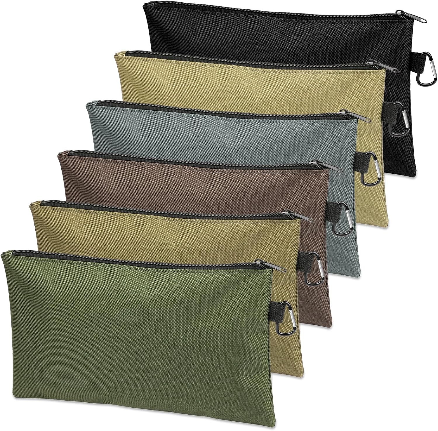 6 Pc Tool Pouch Zipper with Carabiner, Multi Color Utility Storage Bags