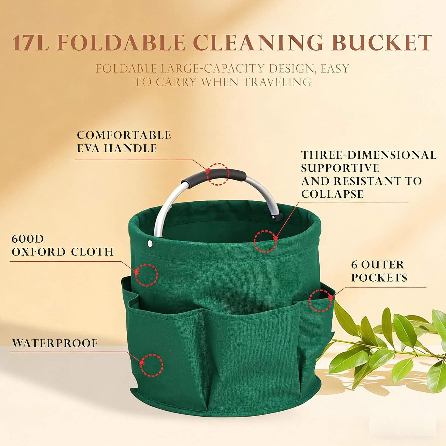 17L Waterproof Cleaning Supply Caddy with 6 Pockets,Foldable Storage Basket in 6