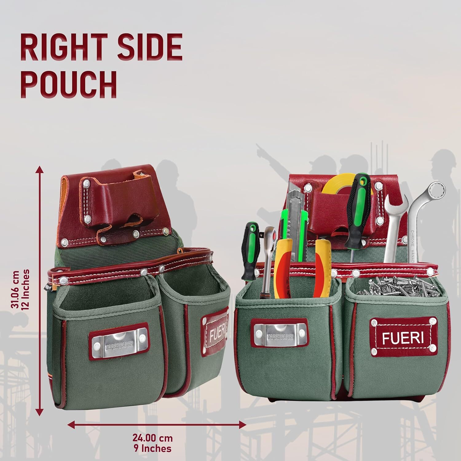 FUERI Men’s Tool Belt in Nylon & Leather | Tool Pouch Set (Green & Maroon)