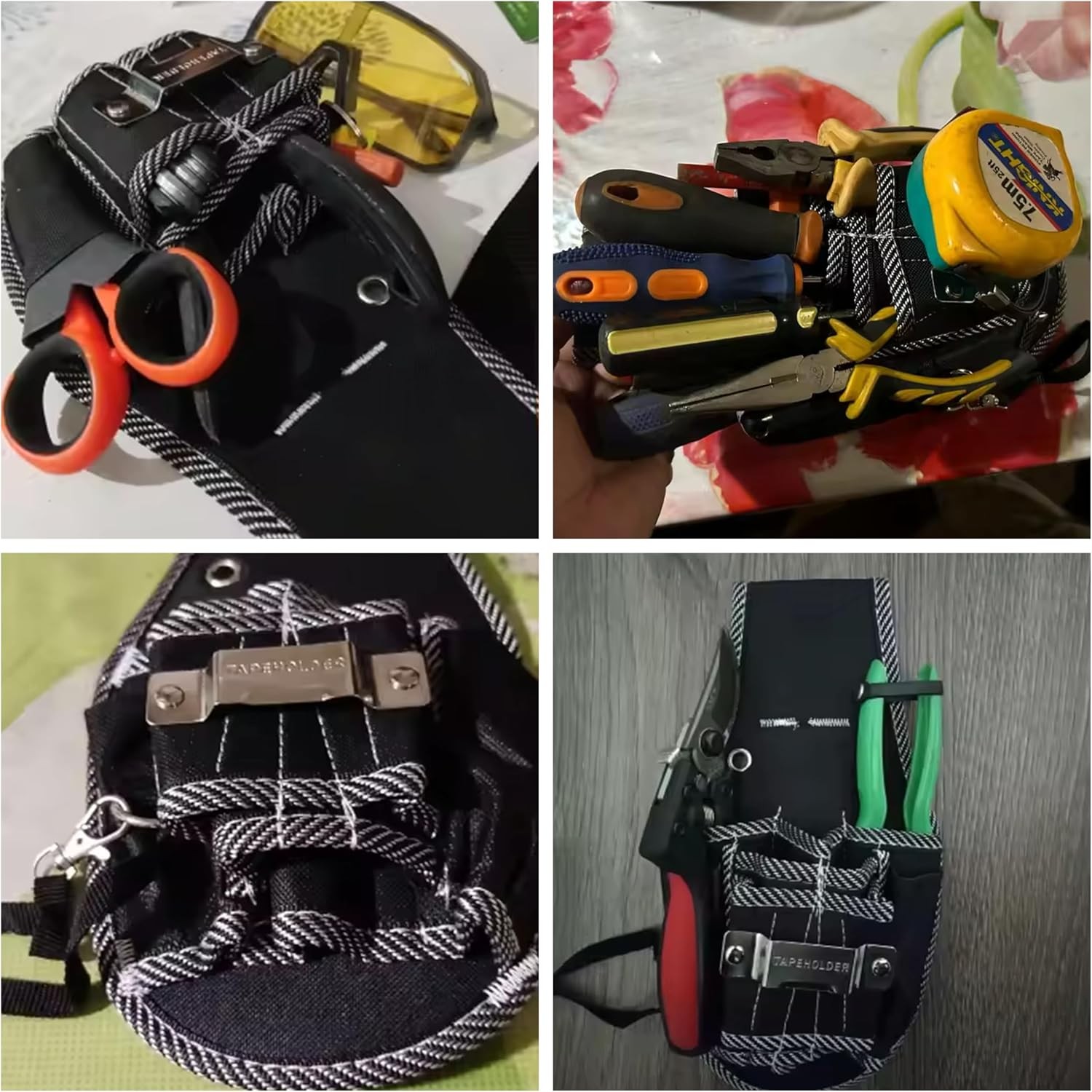 Small Tool Belt Pouch with Tape Measure Holder 5 Pocket Utility Bag Black
