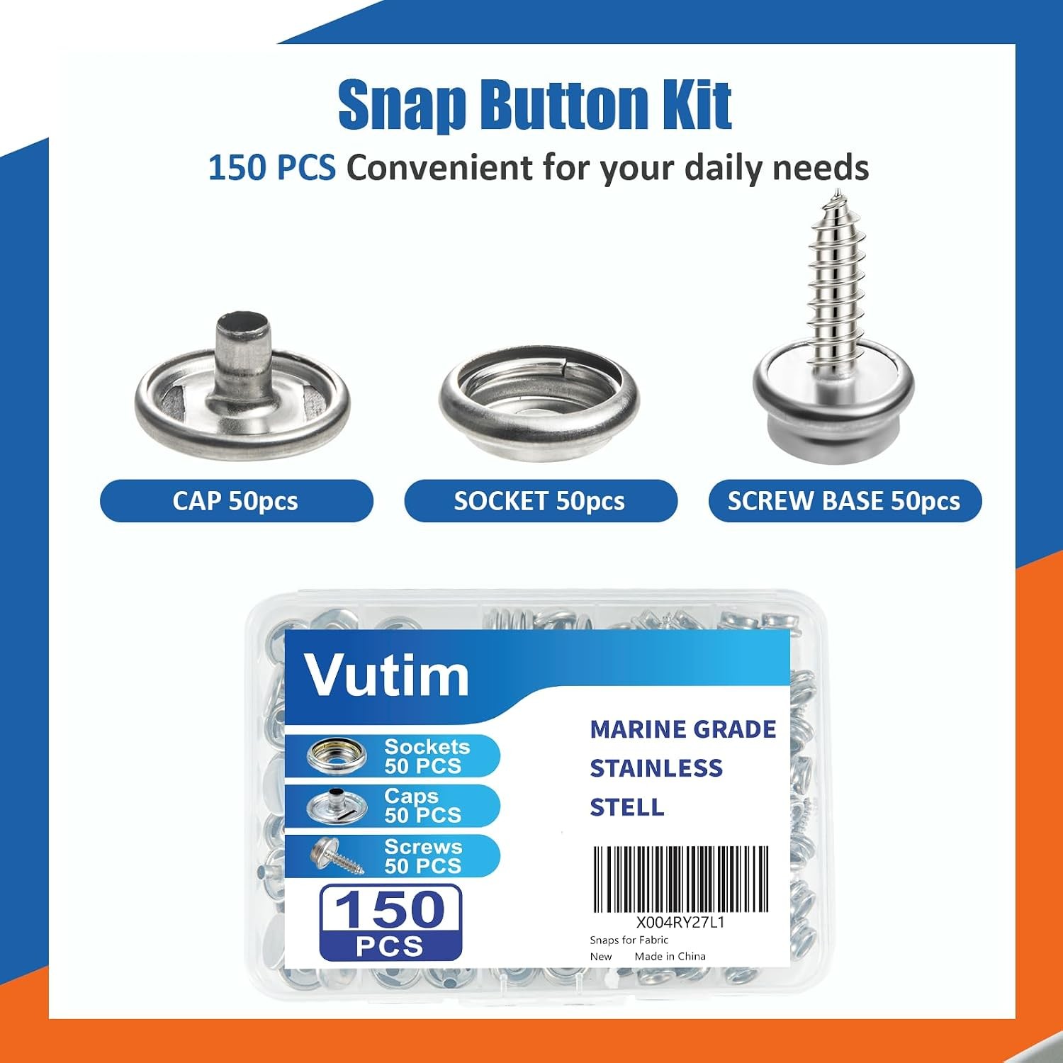 150 PCS Canvas Snap Fastener Tool Set, Vutim Marine-Grade 3/8″ Stainless Steel S