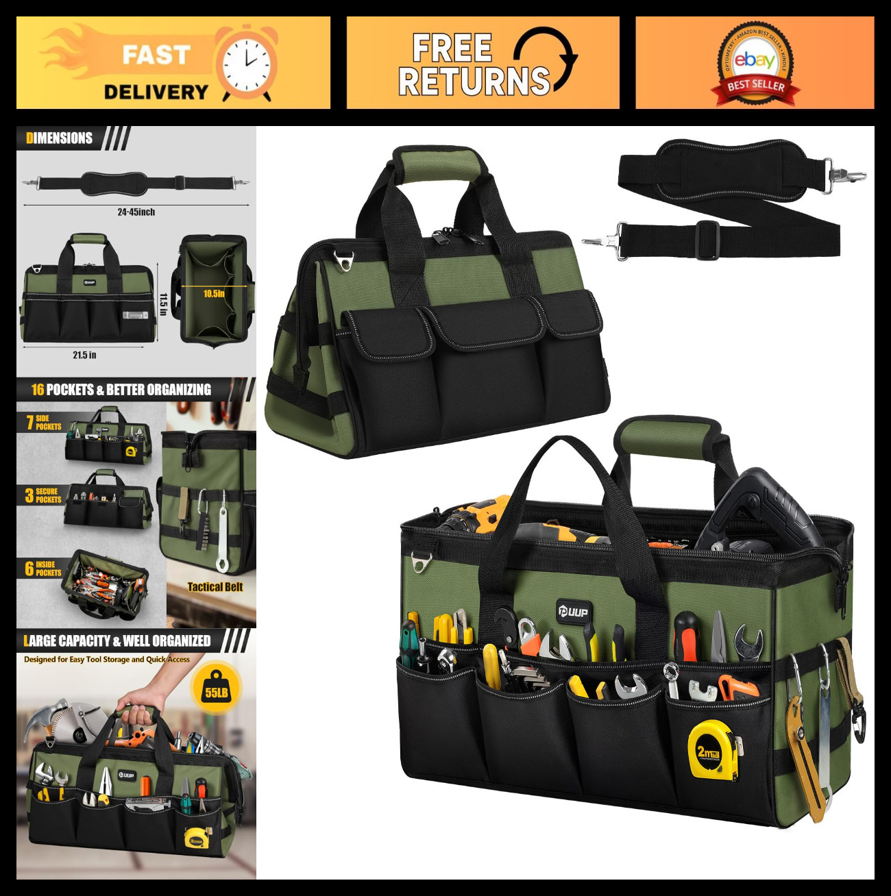 Extra Large 20″ Heavy Duty Tool Bag – 16 Pocket Portable Organizer, Zippered Sto