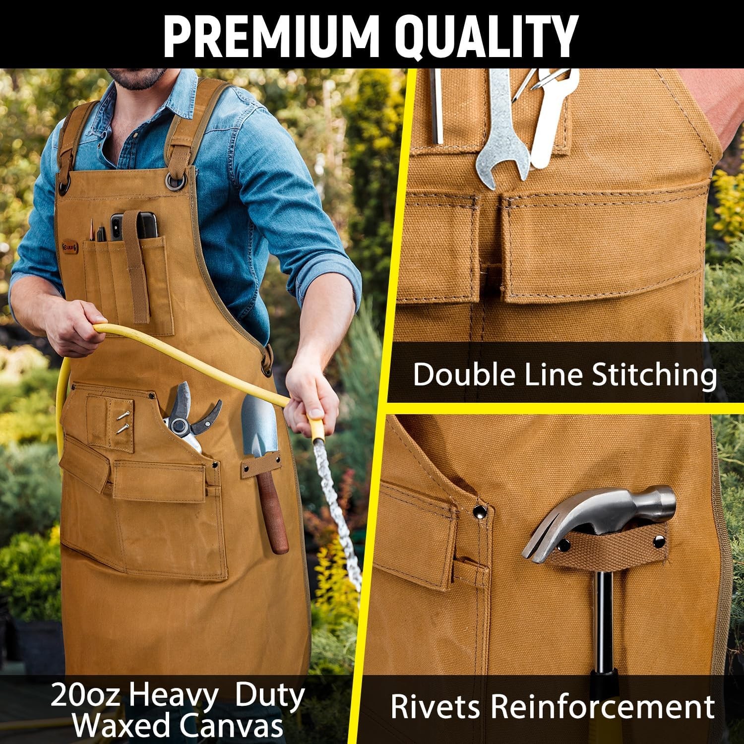 9-Pocket 20oz Canvas Woodworking Work Apron Adjustable S-3XL Khaki