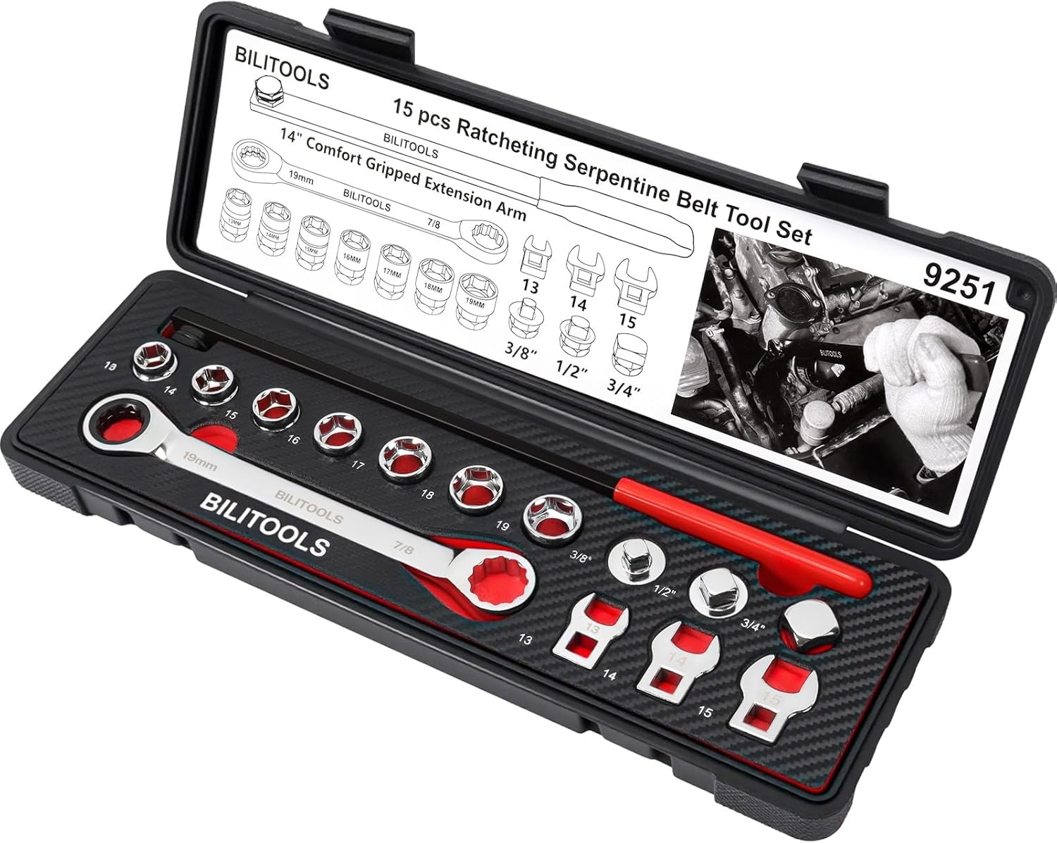 BILITOOLS 15-Piece Universal Serpentine Belt Tool Set,Belt Tensioner Tool Kit wi