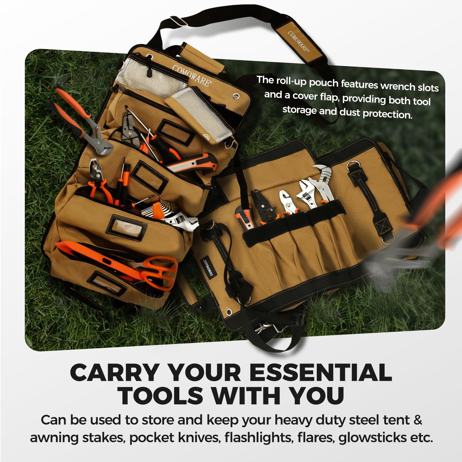 COMOWARE Roll Up Tool Bag, 600D Oxford PVC Coated Tool Organizer with 11 Pouc…
