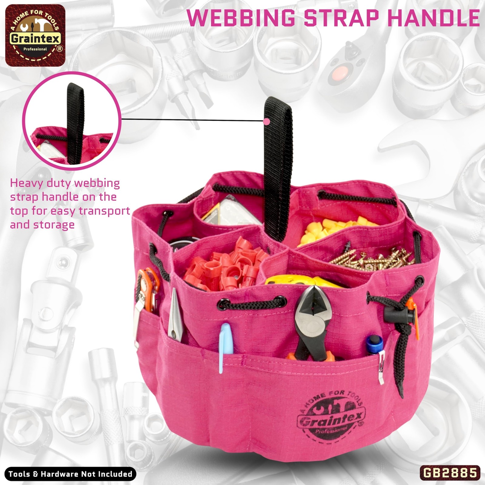 Pink Tool Grab Bag Durable Canvas Organizer with Drawstring Closure and Pockets
