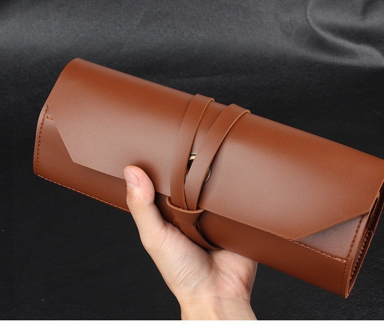 Brown PU Leather Tool Roll Pouch 10 Slots Portable Carrying Pouch for Hand Tools