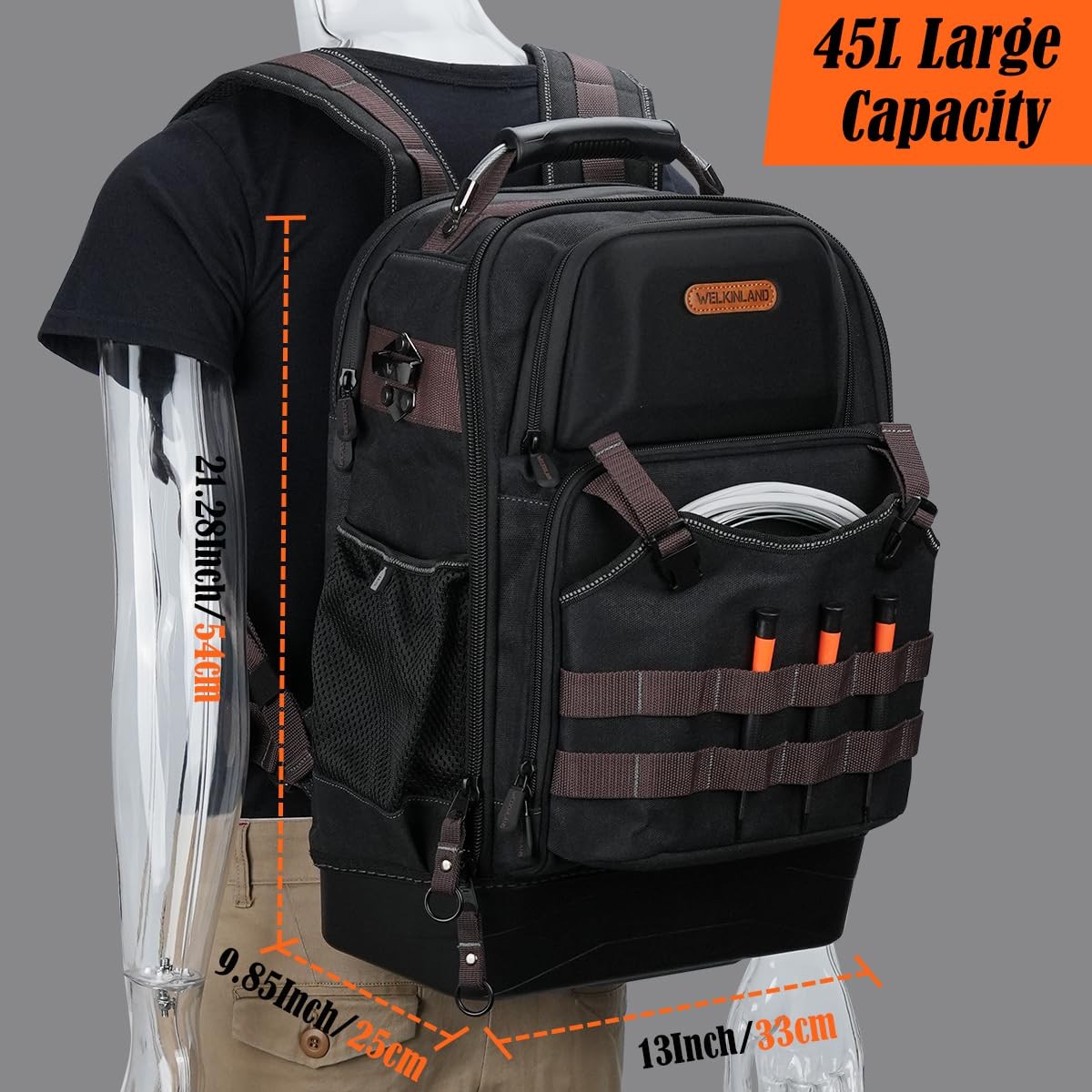 WELKINLAND 76Pockets Tool Backpack, Hard-Bottom Electrician Brown & Black