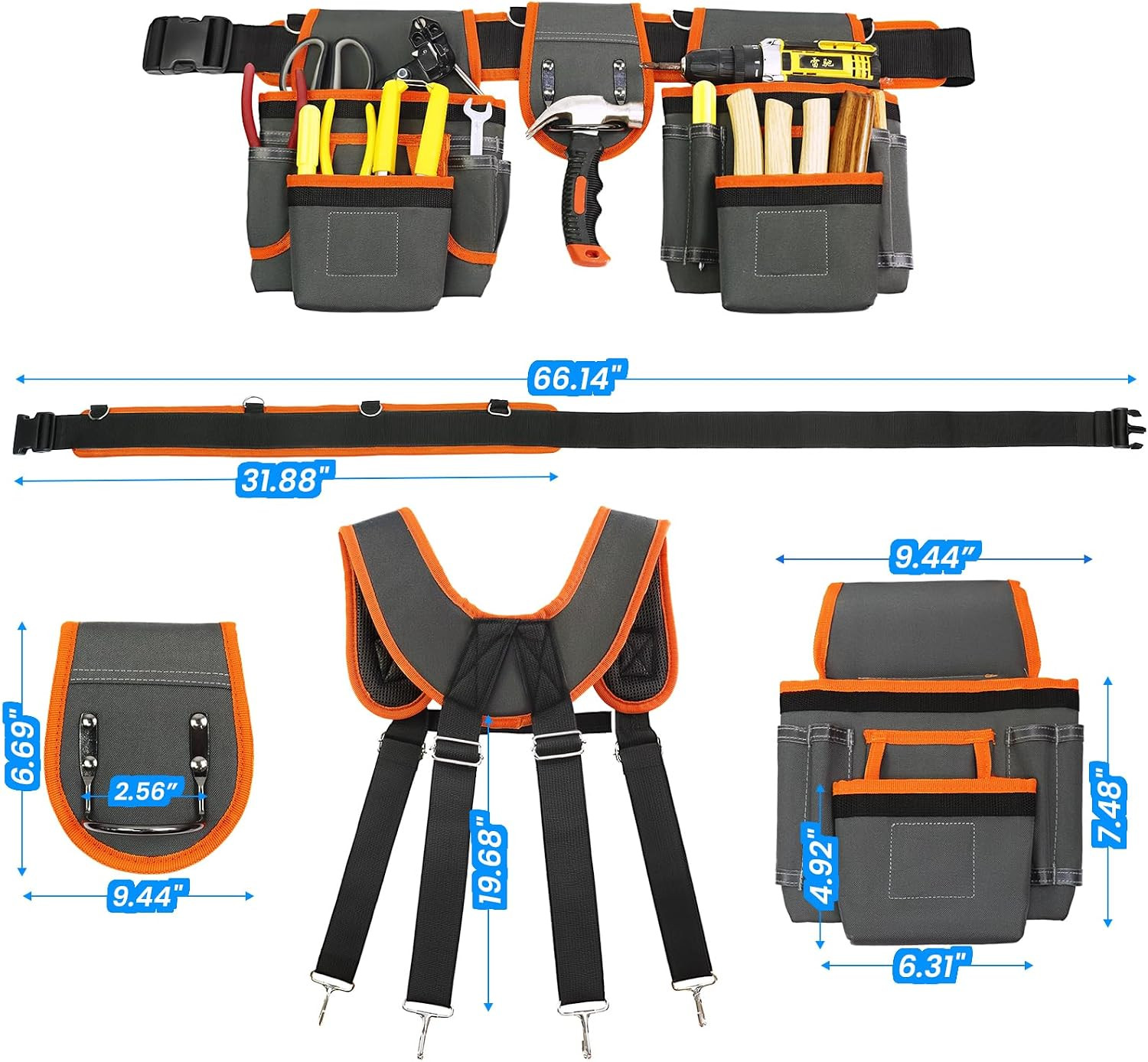 Tool Belt, Professional Tool Belts for Men, Magnetic Tool Pouch with Suspenders,