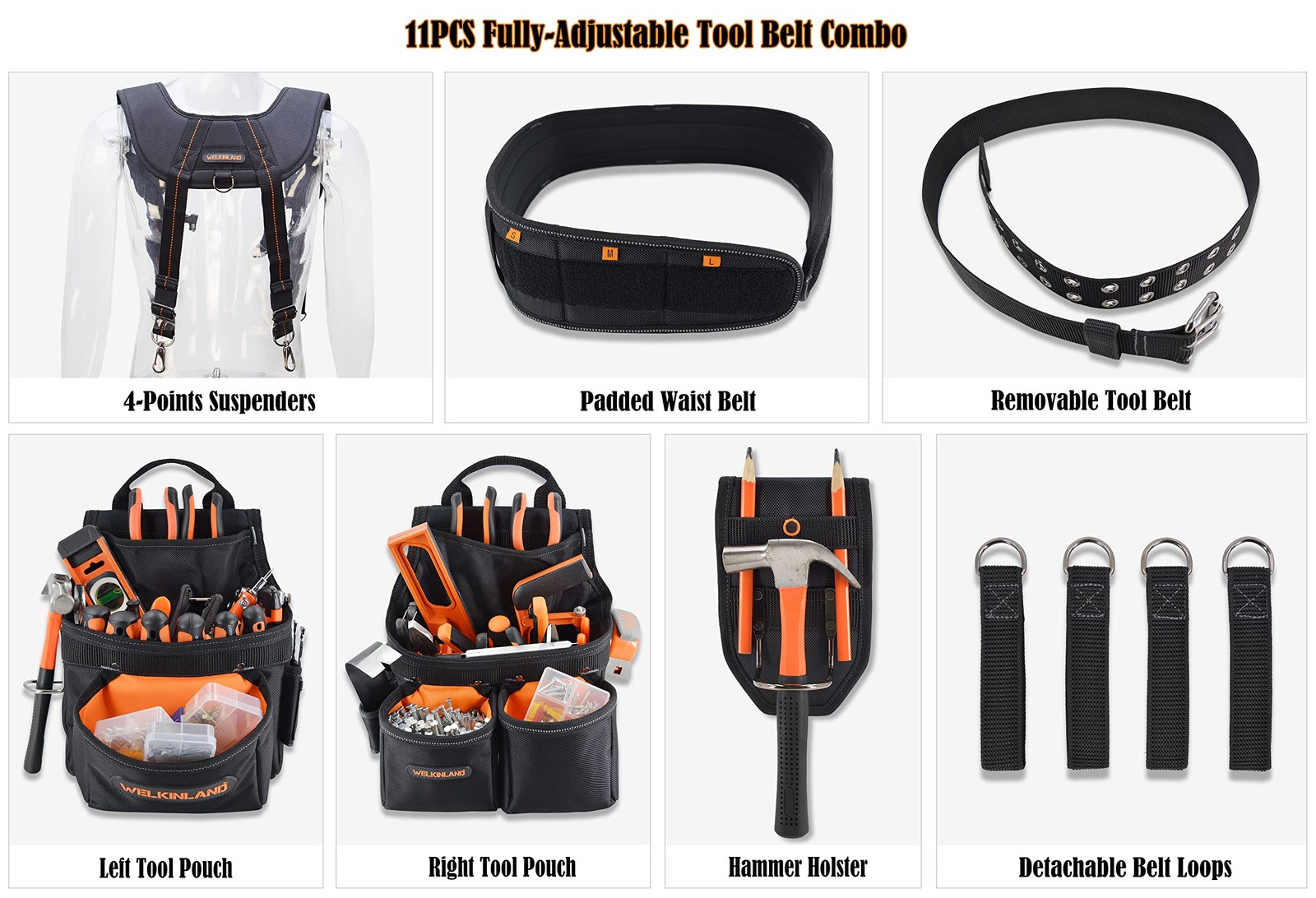 WELKINLAND 39Pockets Tool belts for men with One Size, Black W/ Orange