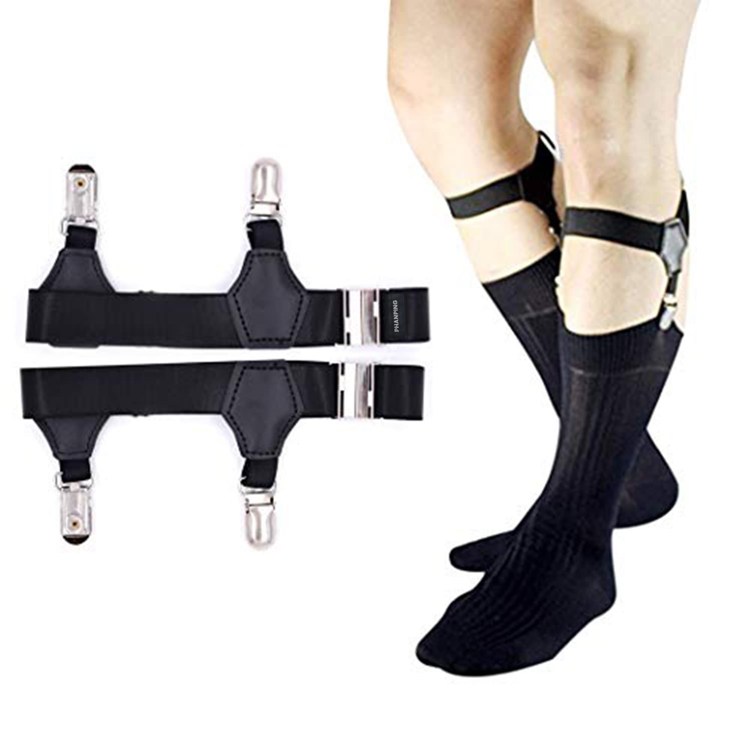 Mens Sock Garters Belt Adjustable 2-pack Sturdy Clip One pair, Black Pair