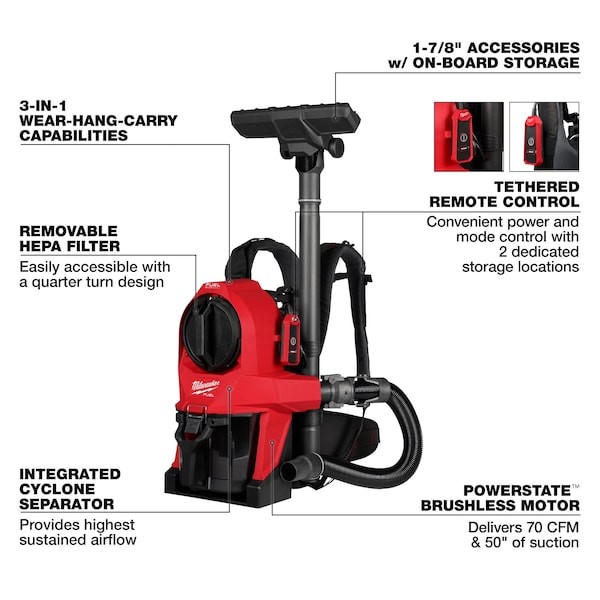 Milwaukee Tool 0895-20 Backpack Vacuum, 18 In H, 16 Lb