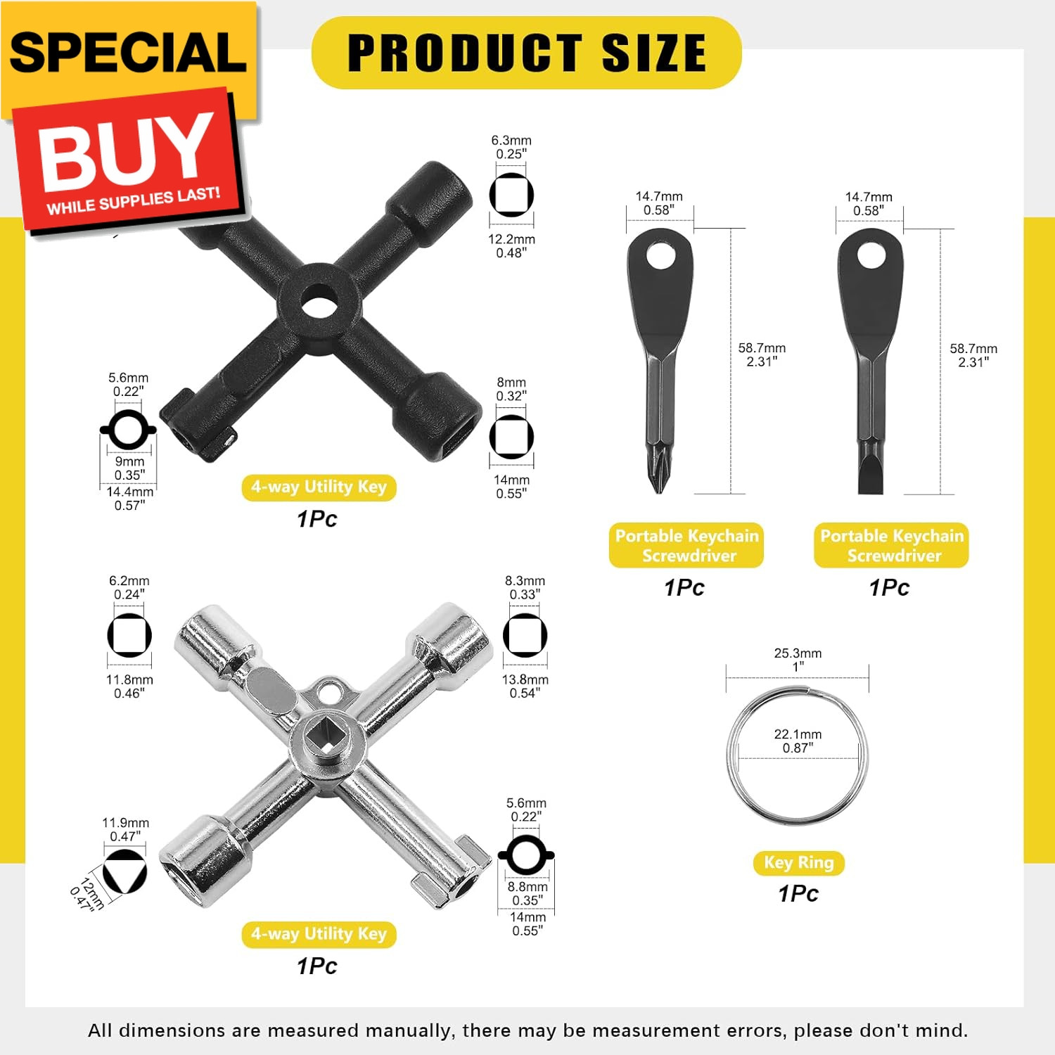 13 Pcs Utility Keys Kit Plumbers Key Tool Set 4 Way Service Cross Key, Triangle