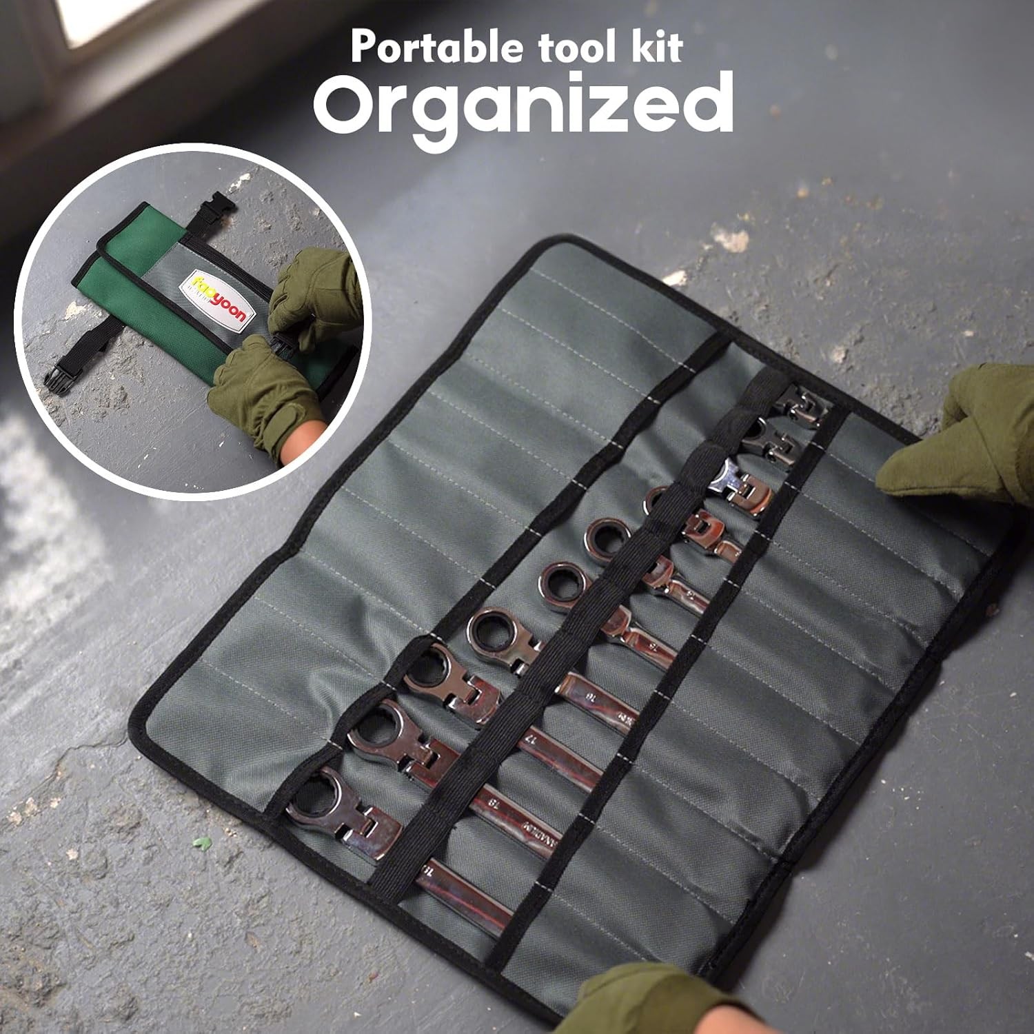 Roll Up Tool Bag Organizer Heavy Duty 5 Zippered Pouches Tools + Wrench Roll Bag