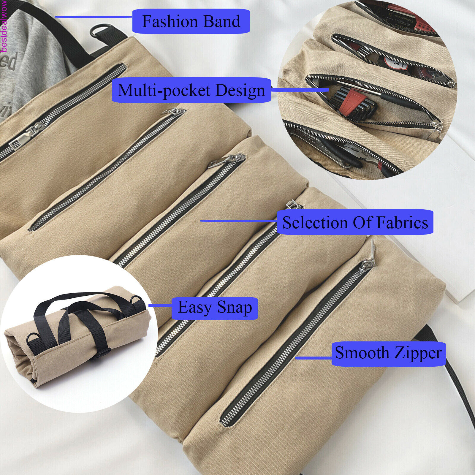 Roll Up Tool Organizer Wrench Storage Pouch 5 Pockets Mechanics Wrap Bag Brown