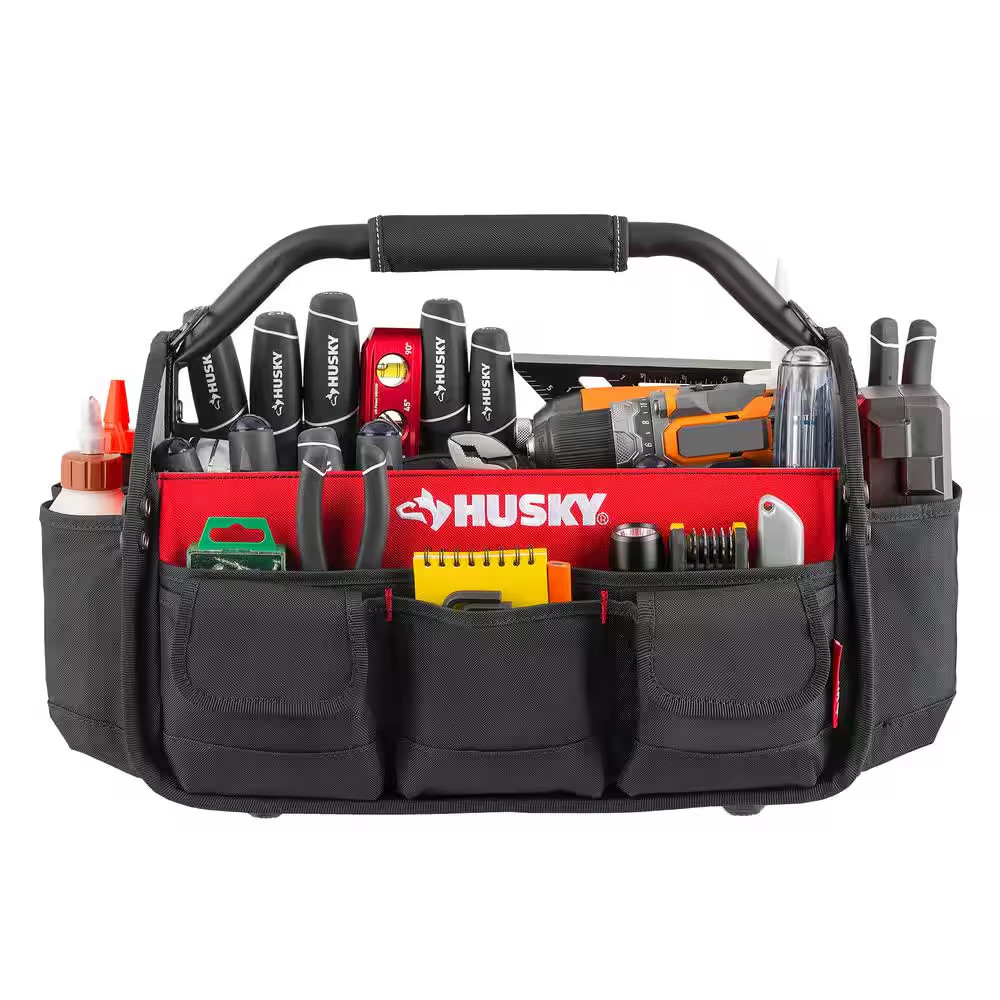 Husky Tool Bag 17 in 18 Pocket Open Top Padded Handle Weatherproof Polypropylene