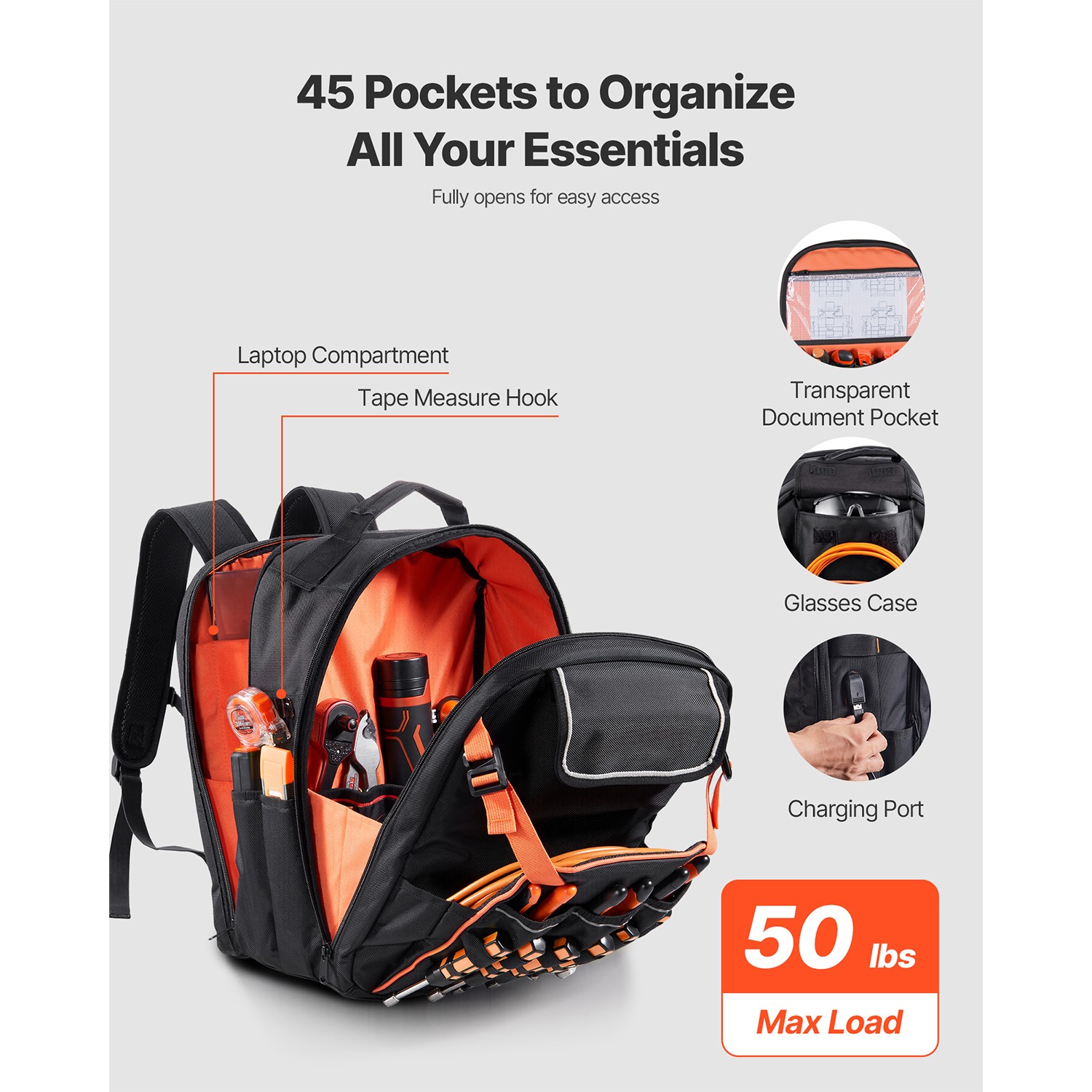 Tool Backpack 45 Pockets Tear-resistant Jobsite Backpack for Electrician