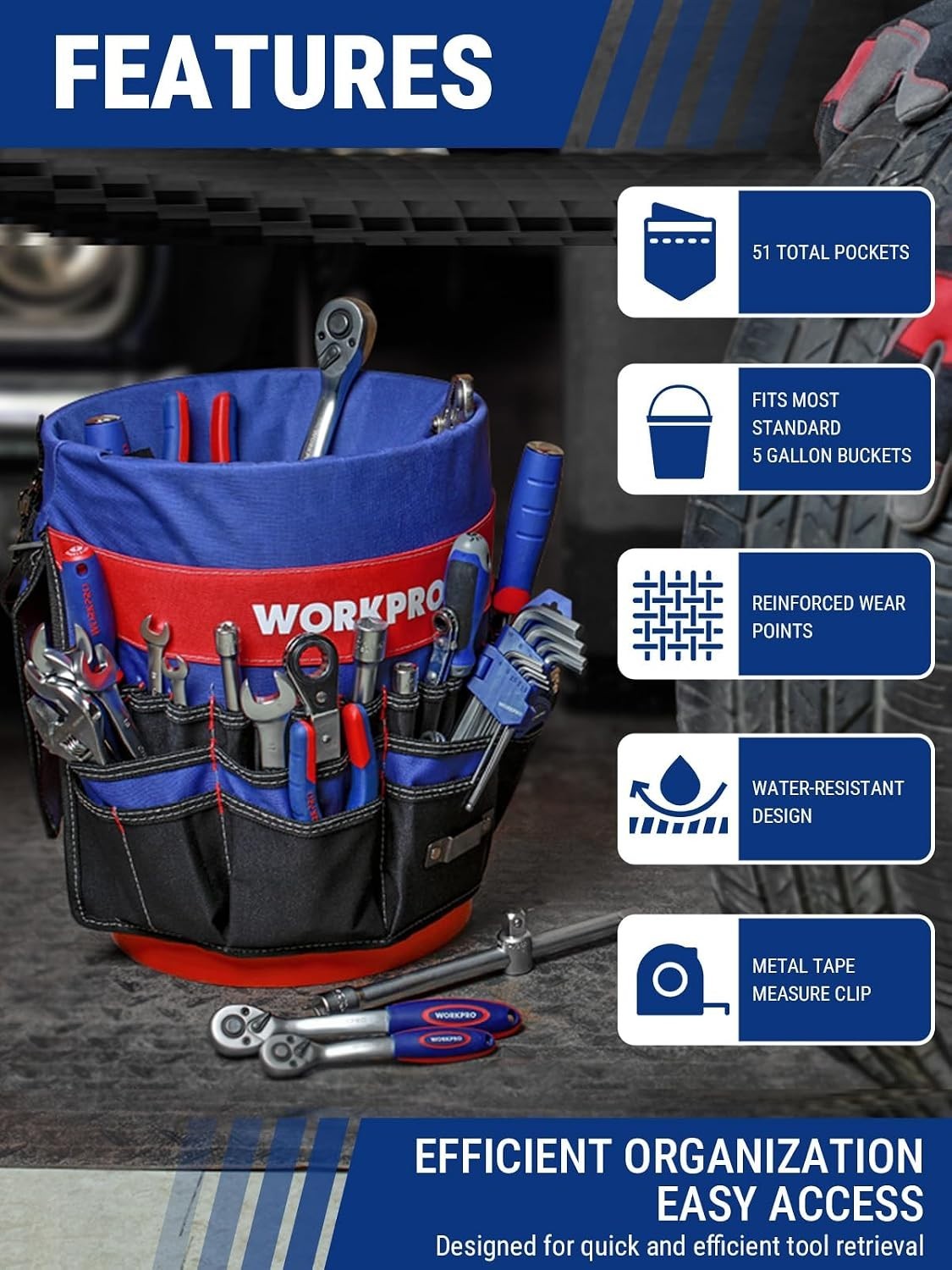 Bucket Tool Organizer with 51 Pockets Fits to 3.5-5 Gallon Bucket Tools Exclu…
