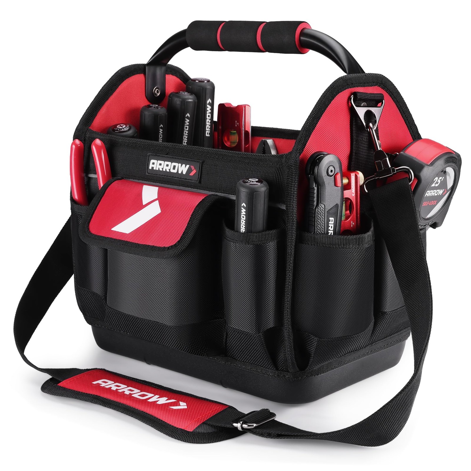 ARROW 12″ Tool Tote with Waterproof Hard Base, Electrician Red & Black