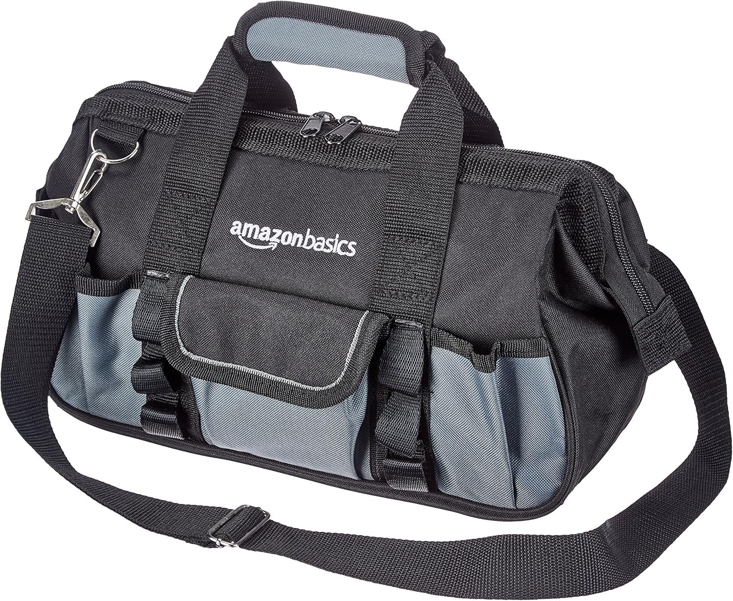 Durable Tool Storage Bag with 16 Pockets & Adjustable Strap, 12in, Black & Gray